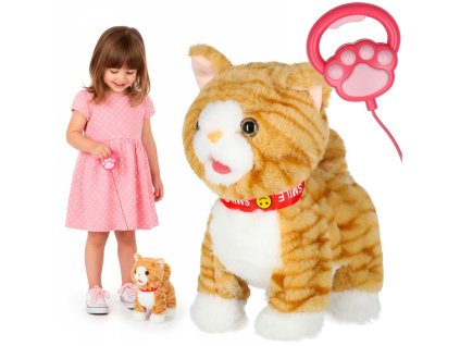 Interaktívna mačka na vodítku mňaučí chodí vrtí chvostom béžová