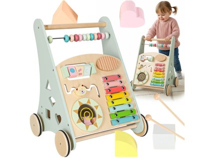 Detský kočík drevené chodítko s počítadlom modré