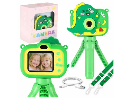 Detský digitálny fotoaparát na statíve dinosaurus zelený