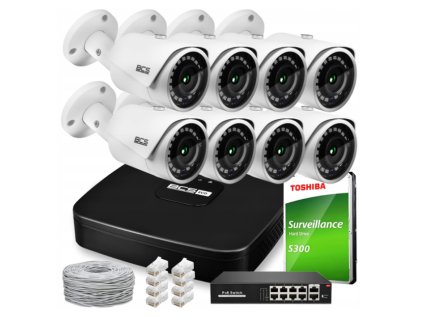Sada na IP monitoring 4 Mpx, IR 30 m, 8 IP kamier BCS-L-TIP14FR3, 8-kanálový nahrávač, PoE prepínač - BCS