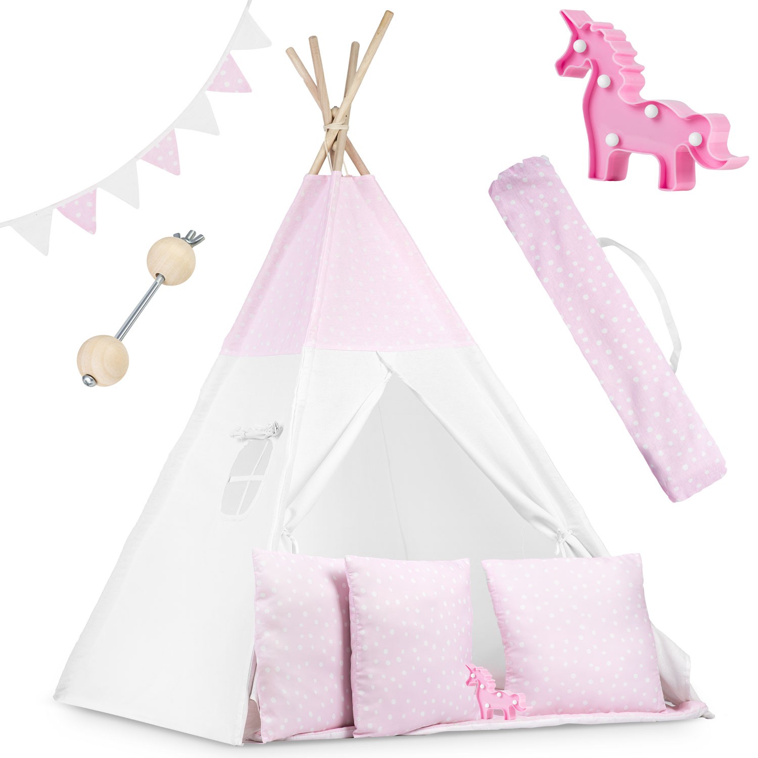 Ricokids Detský teepee stan so svetielkami - ružový s bodkami