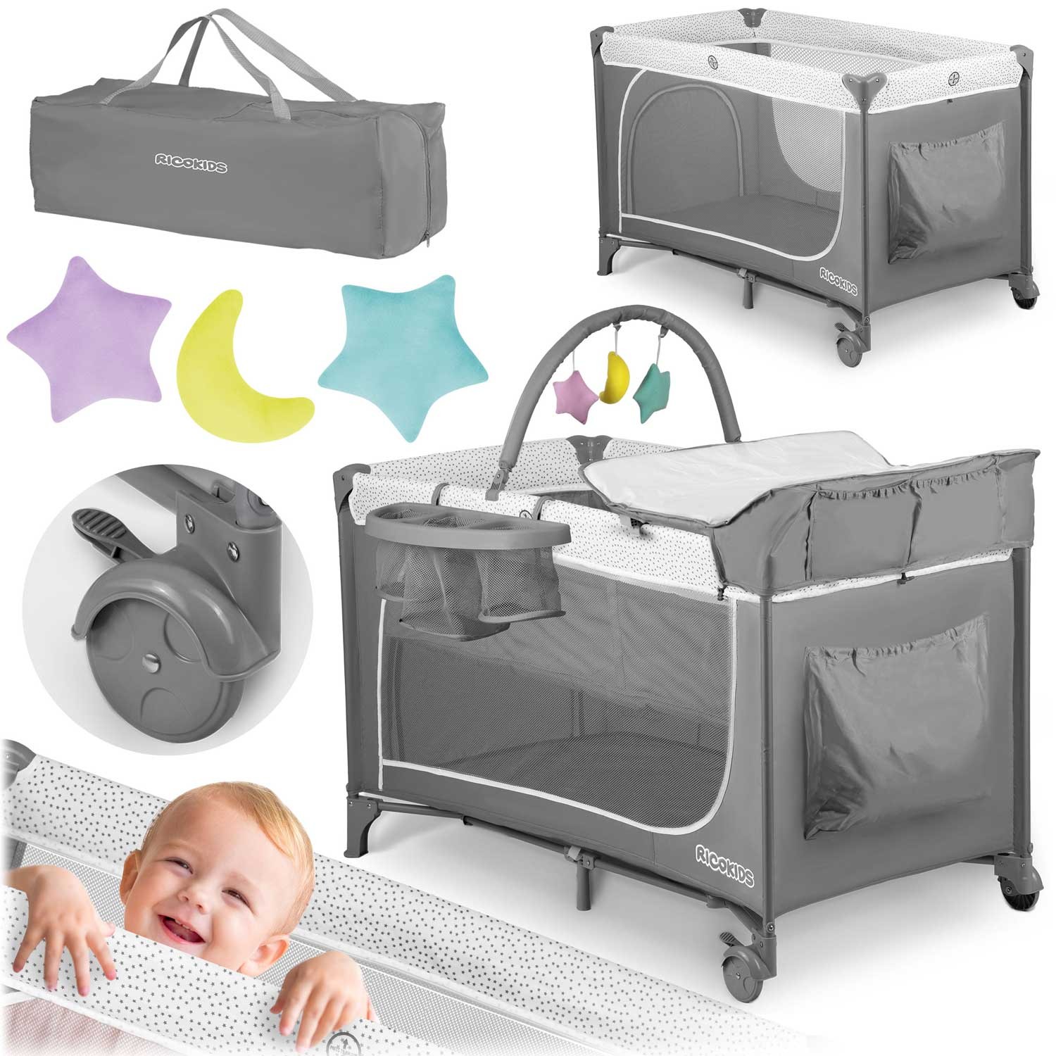 Ricokids Cestovná postieľka 125x65x78cm RK-241 šedá