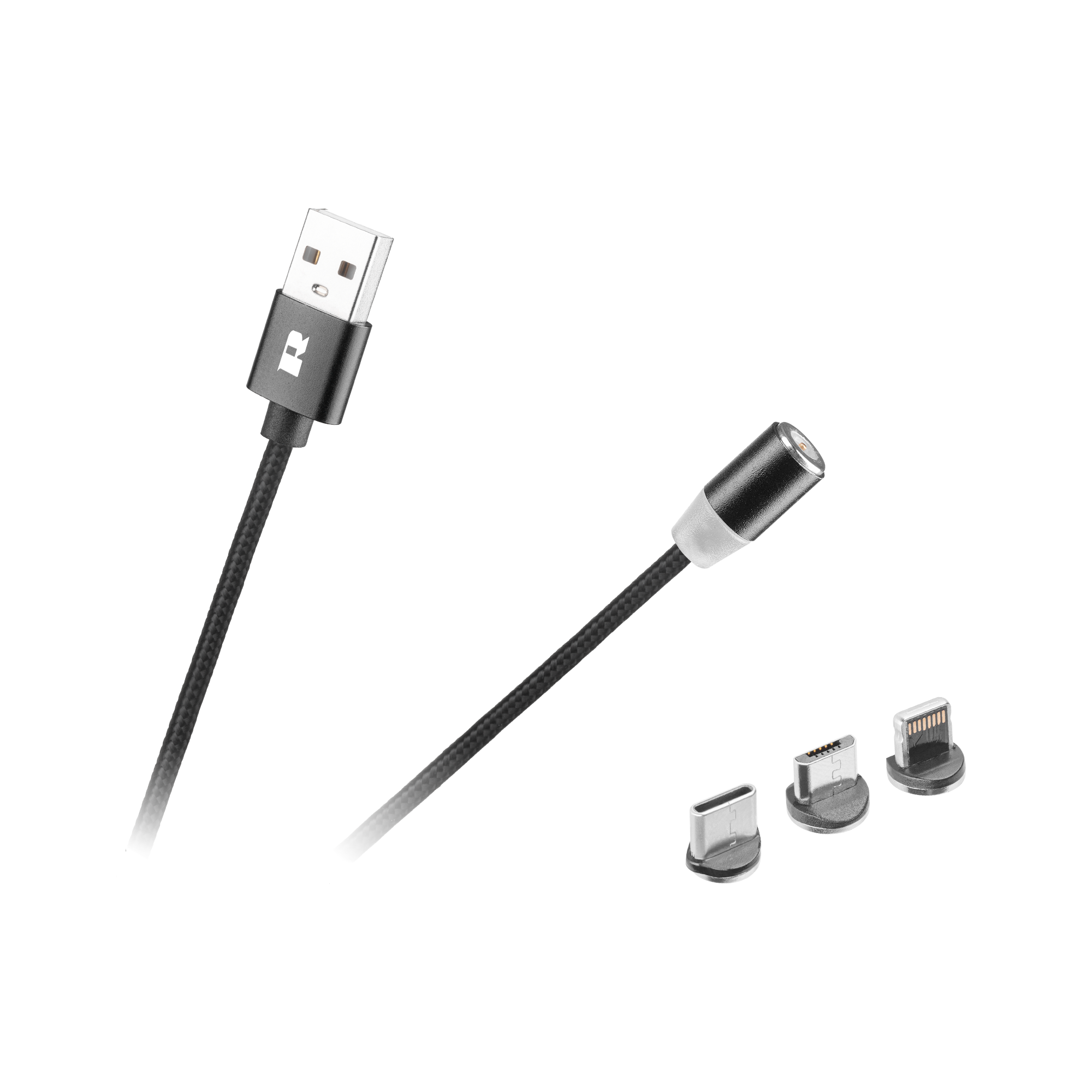 Rebel USB kábel 3v1 microUSB, USB typ C, Lightning 1m magnetický RB-6004-100-B