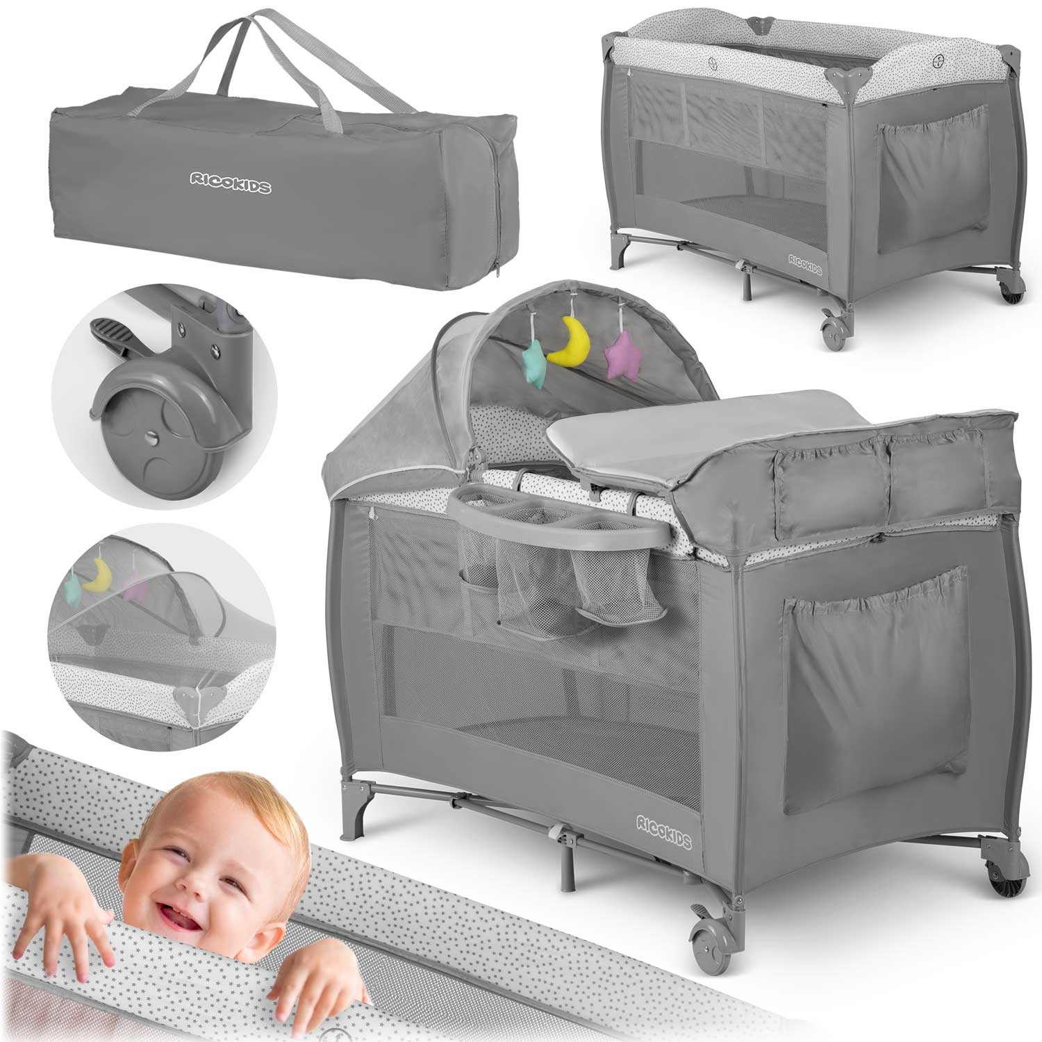 Ricokids Cestovná postieľka 125x65x78cm RK-242 šedá