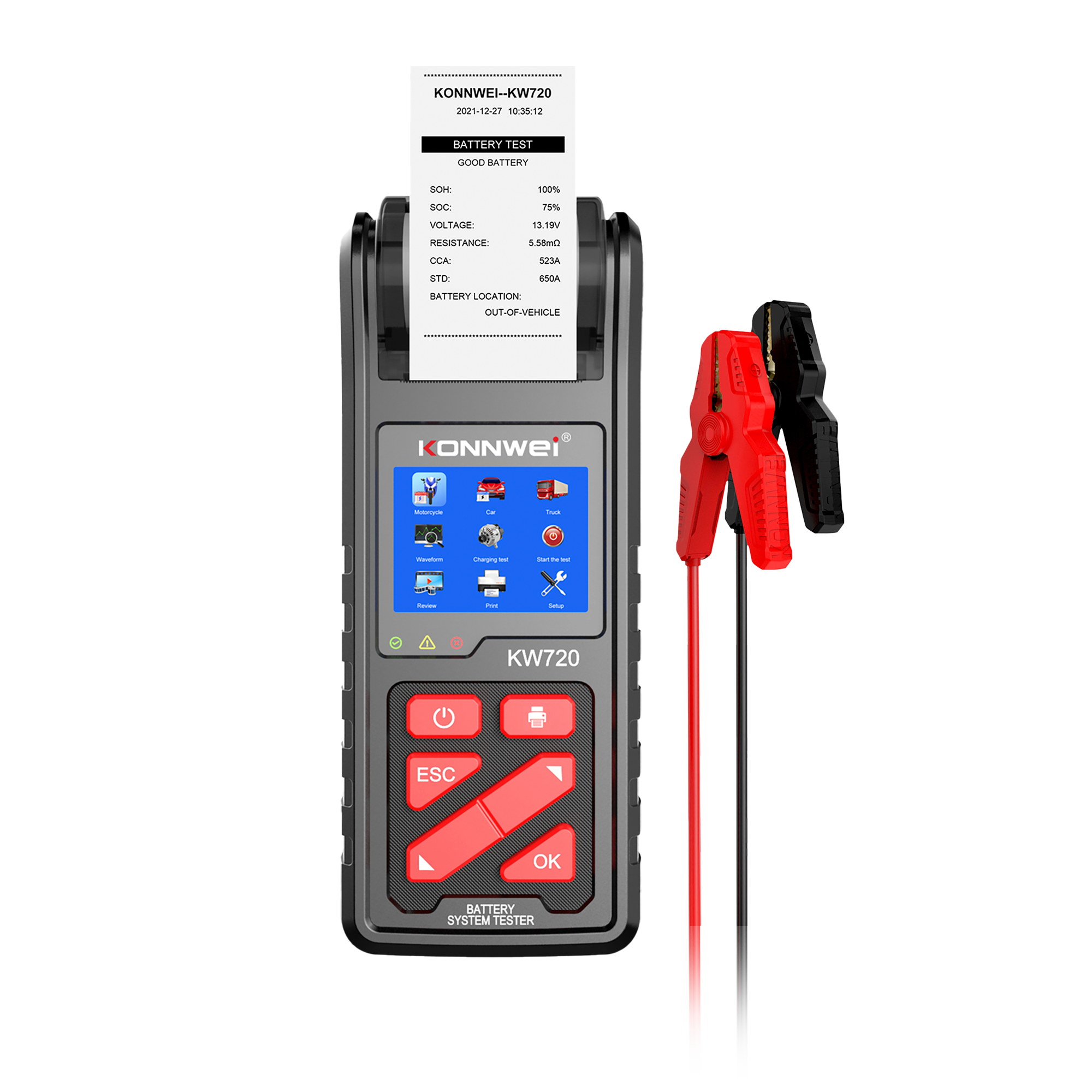 Tester autobatérie s tlačiarňou Konnwei KW720 6–24 V L-KW720