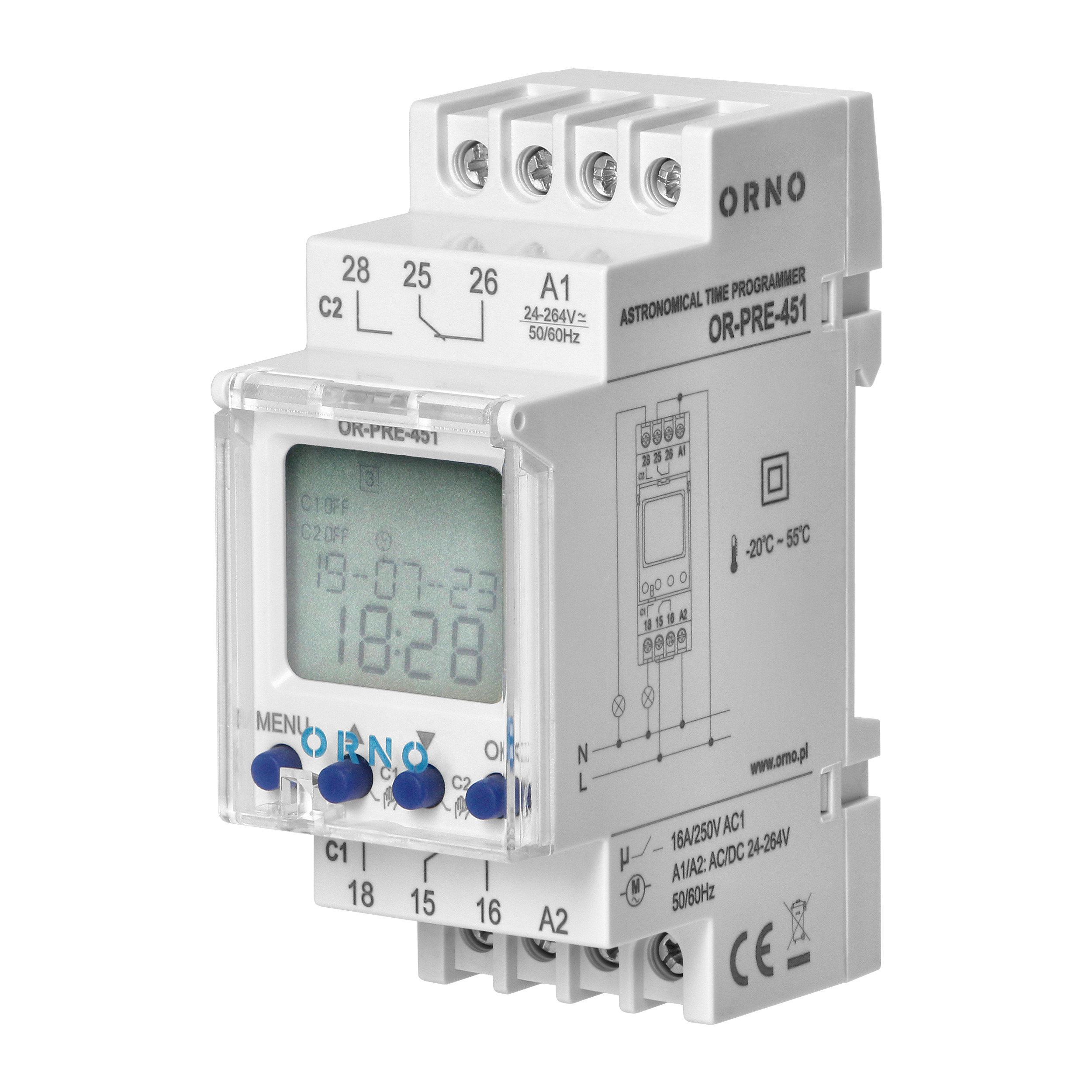 ORNO Digitálny časovač na DIN 16A/230V OR-PRE-451