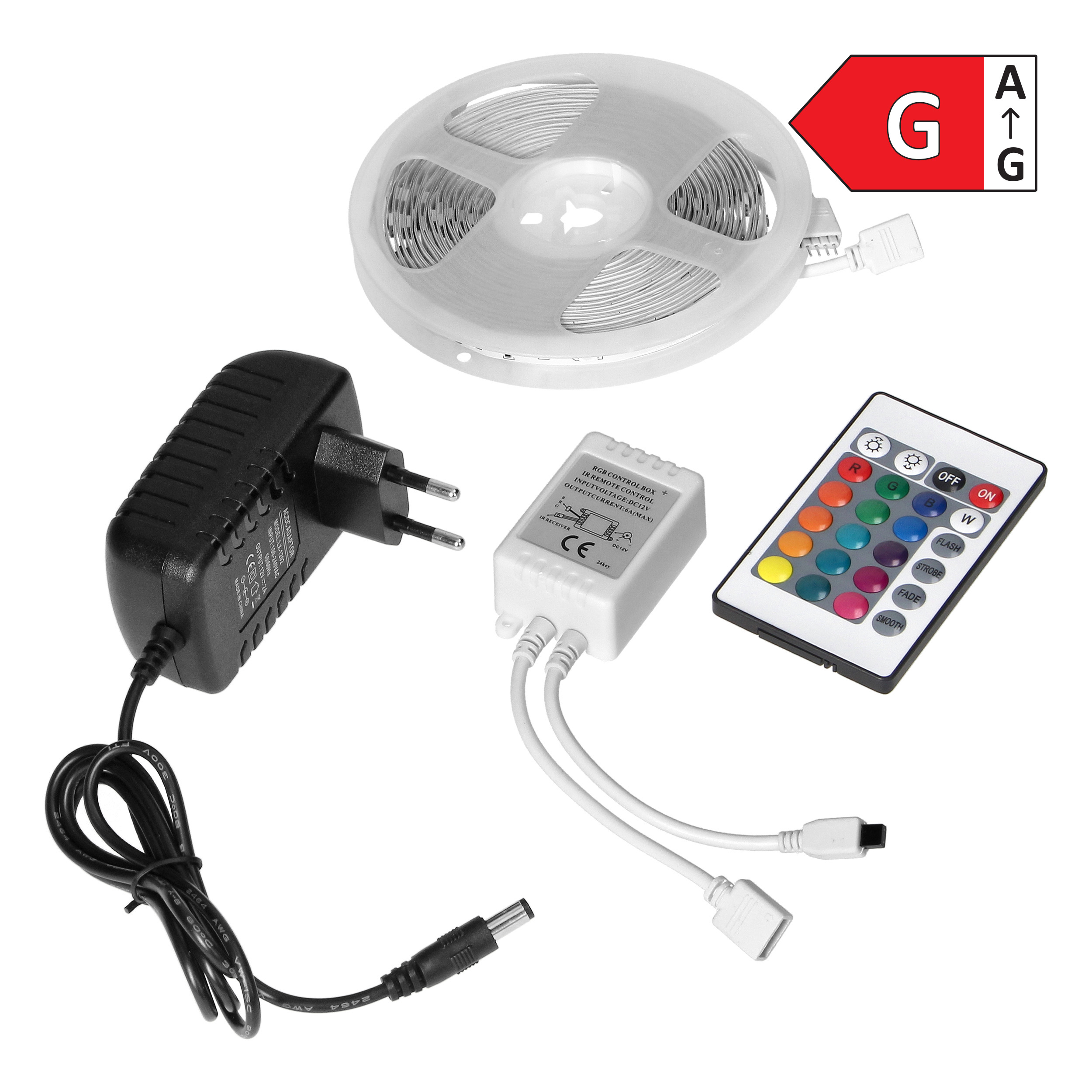 RGB LED pásik s ovládačom a zdrojom 5m