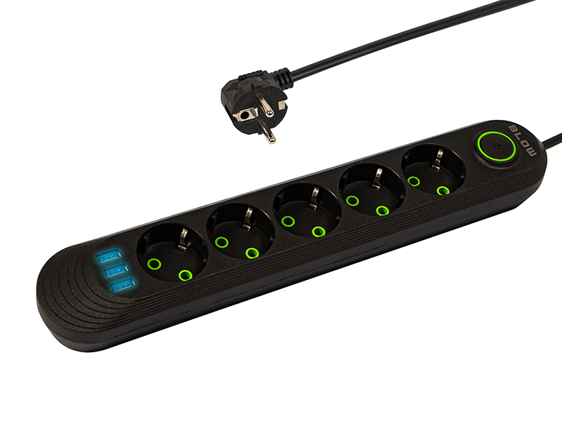 Predlžovací kábel 5 zásuviek 3xUSB 2m čierny