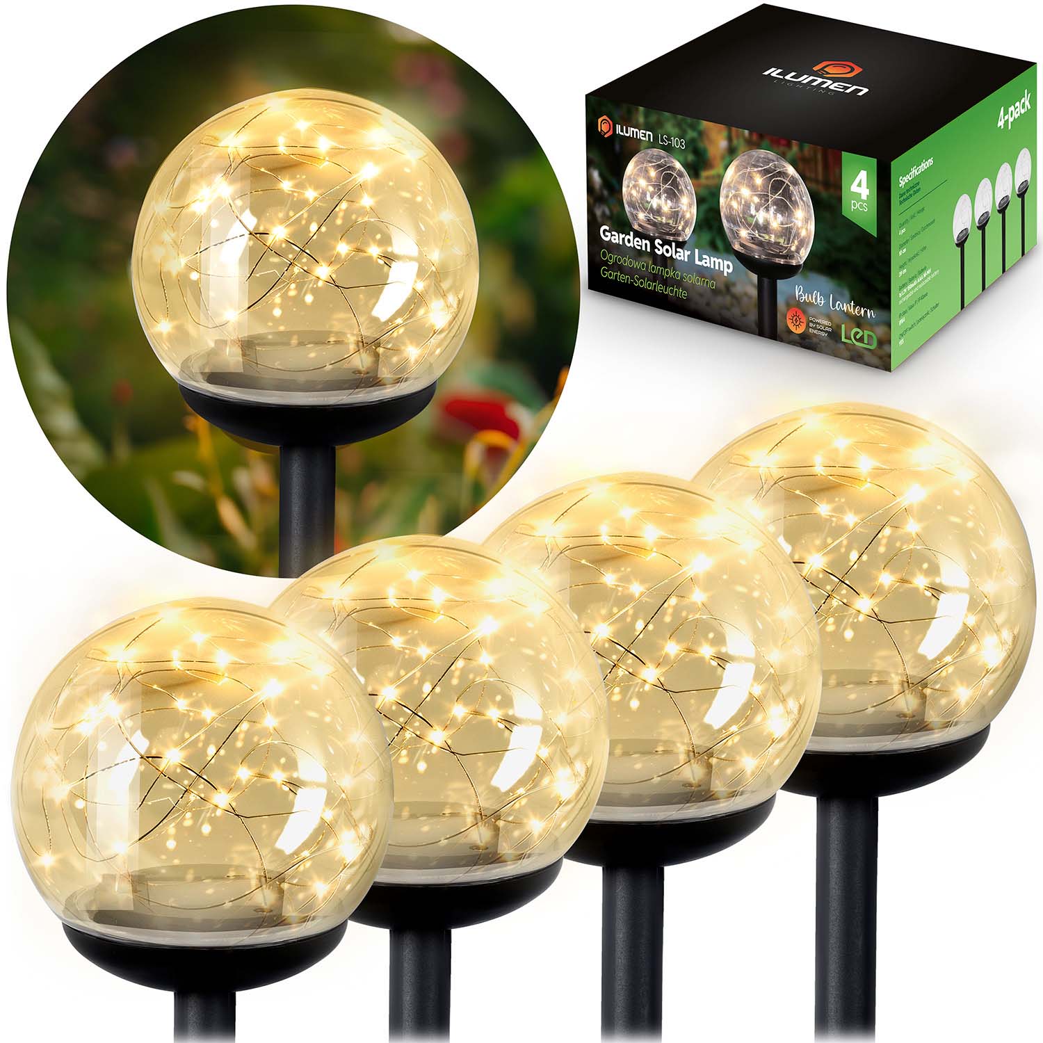 Solárna lampa priehľadná guľa 4ks Ilumen LS-103
