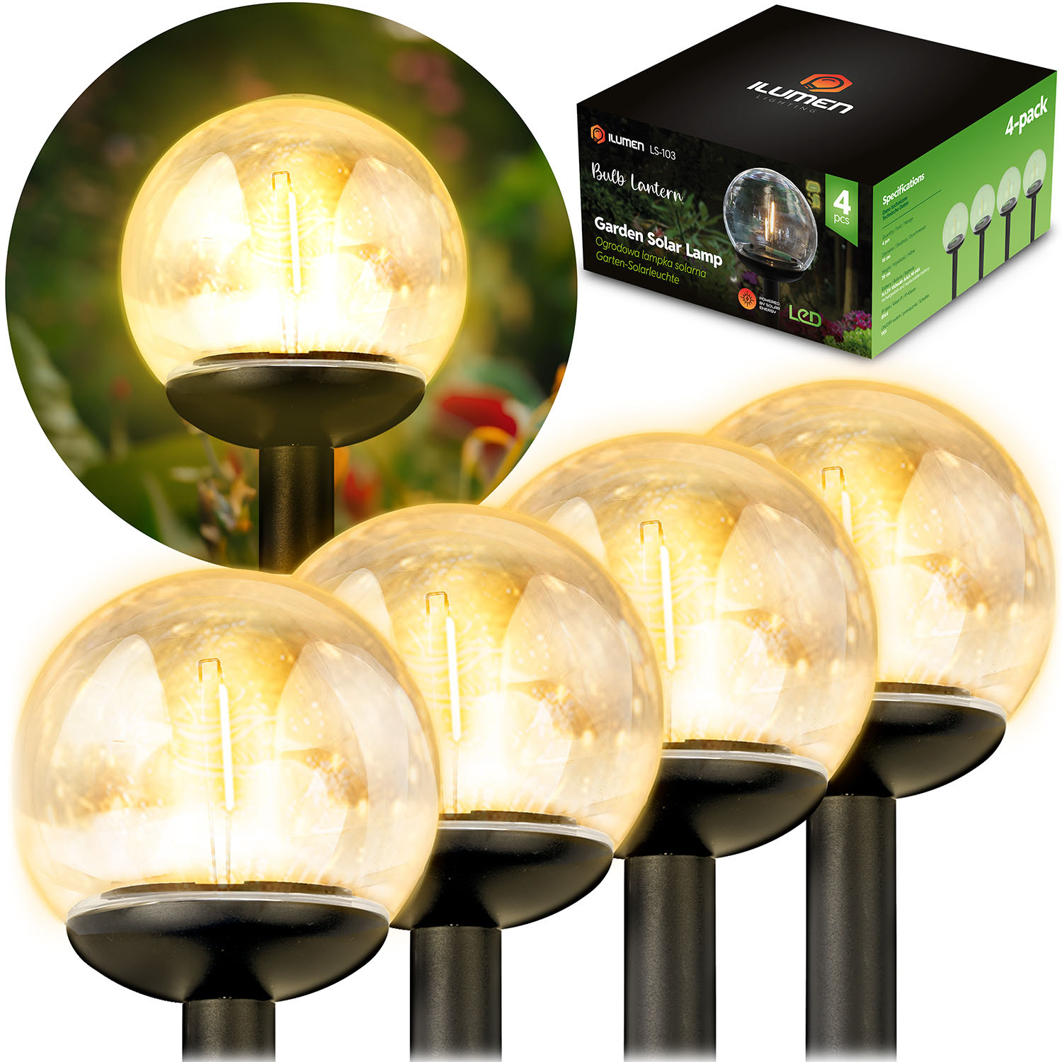 Solárna lampa priehľadná guľa 4ks Ilumen LS-103