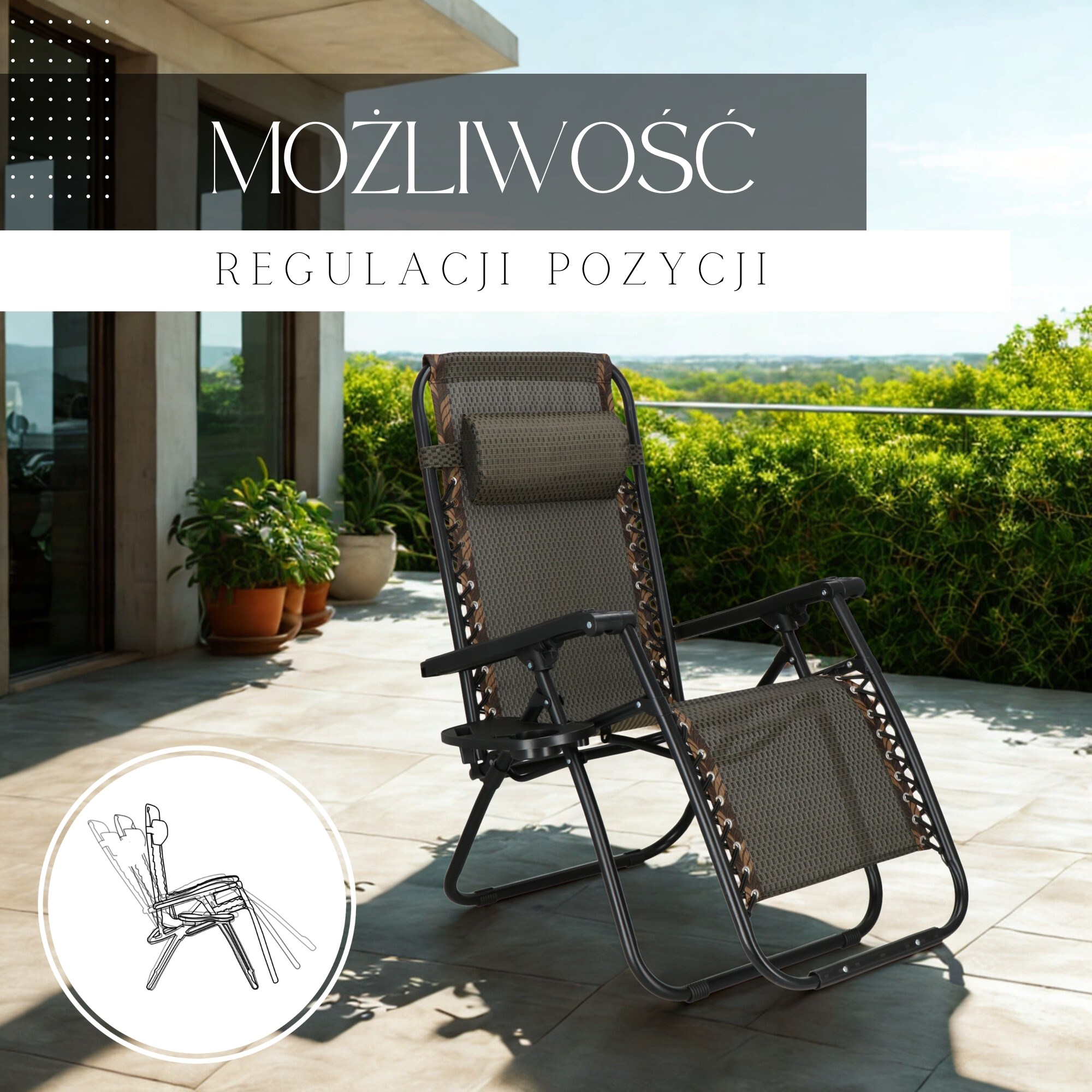 Polohovacie záhradné lehátko Zero Gravity s opierkou hlavy a držiakom na nápoje S-GC0001