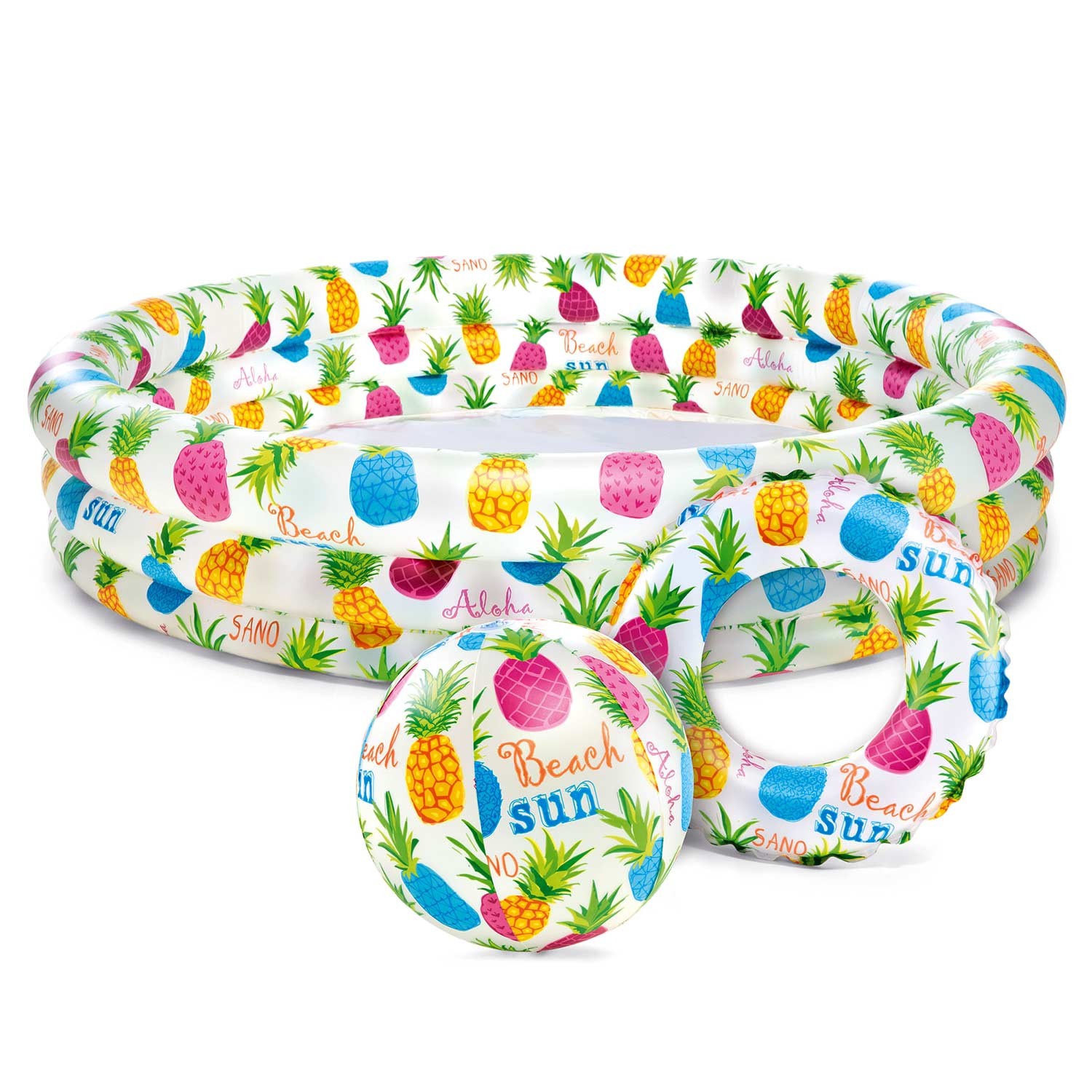 Súprava: nafukovací bazén 132 x 28 cm + lopta a kruh INTEX 59469