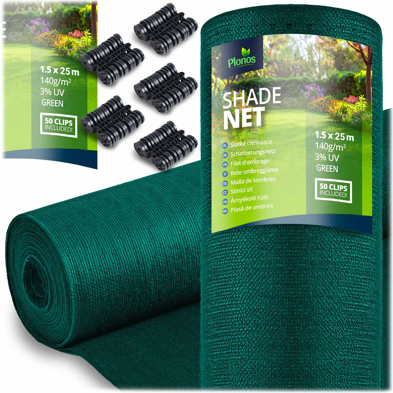 Plonos Tieniaca sieť 1,5x25m 140g/m2 + 50 príchytiek zelená