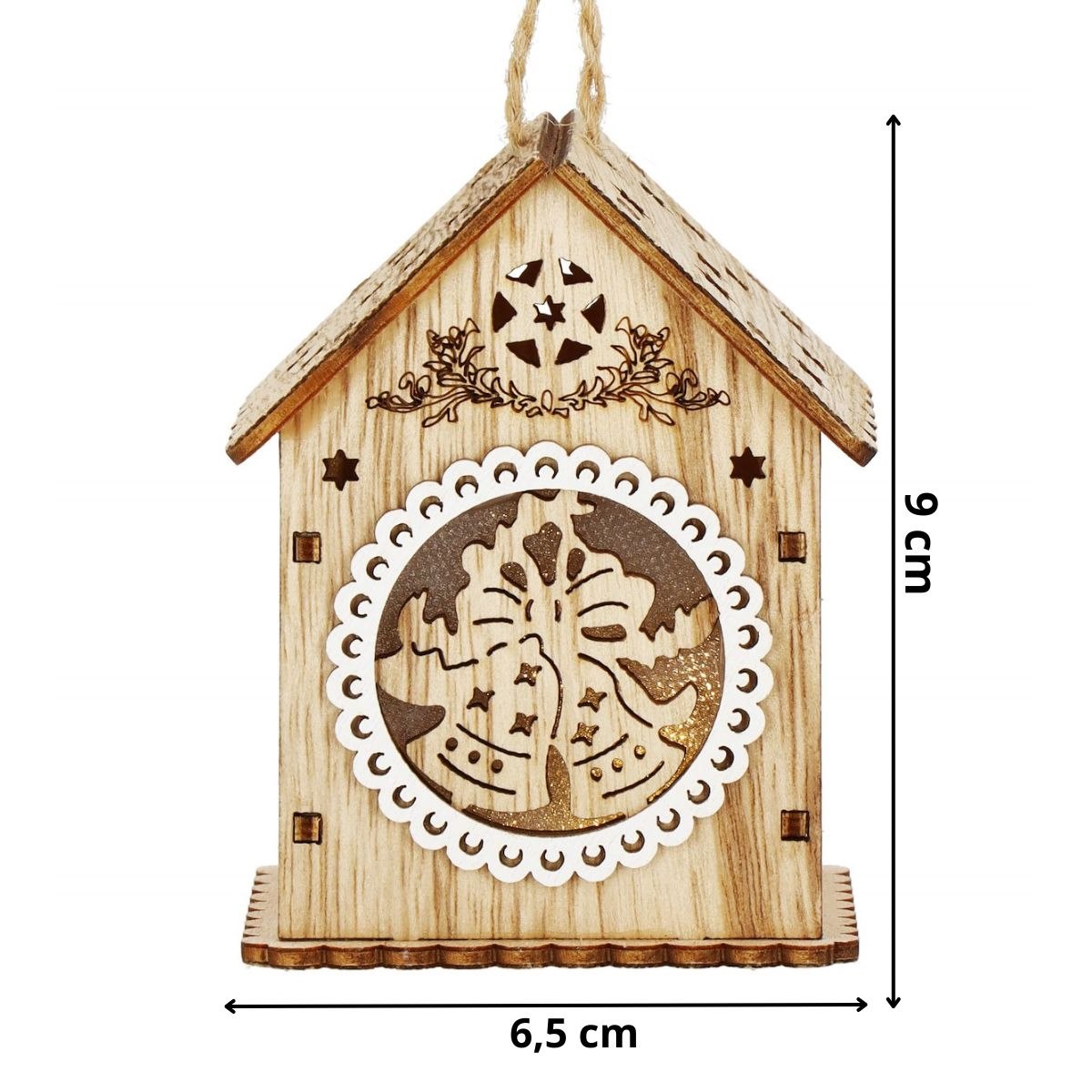 Drevená svietiaca vianočná dekorácia domček na zavesenie 9 cm S-CA1284