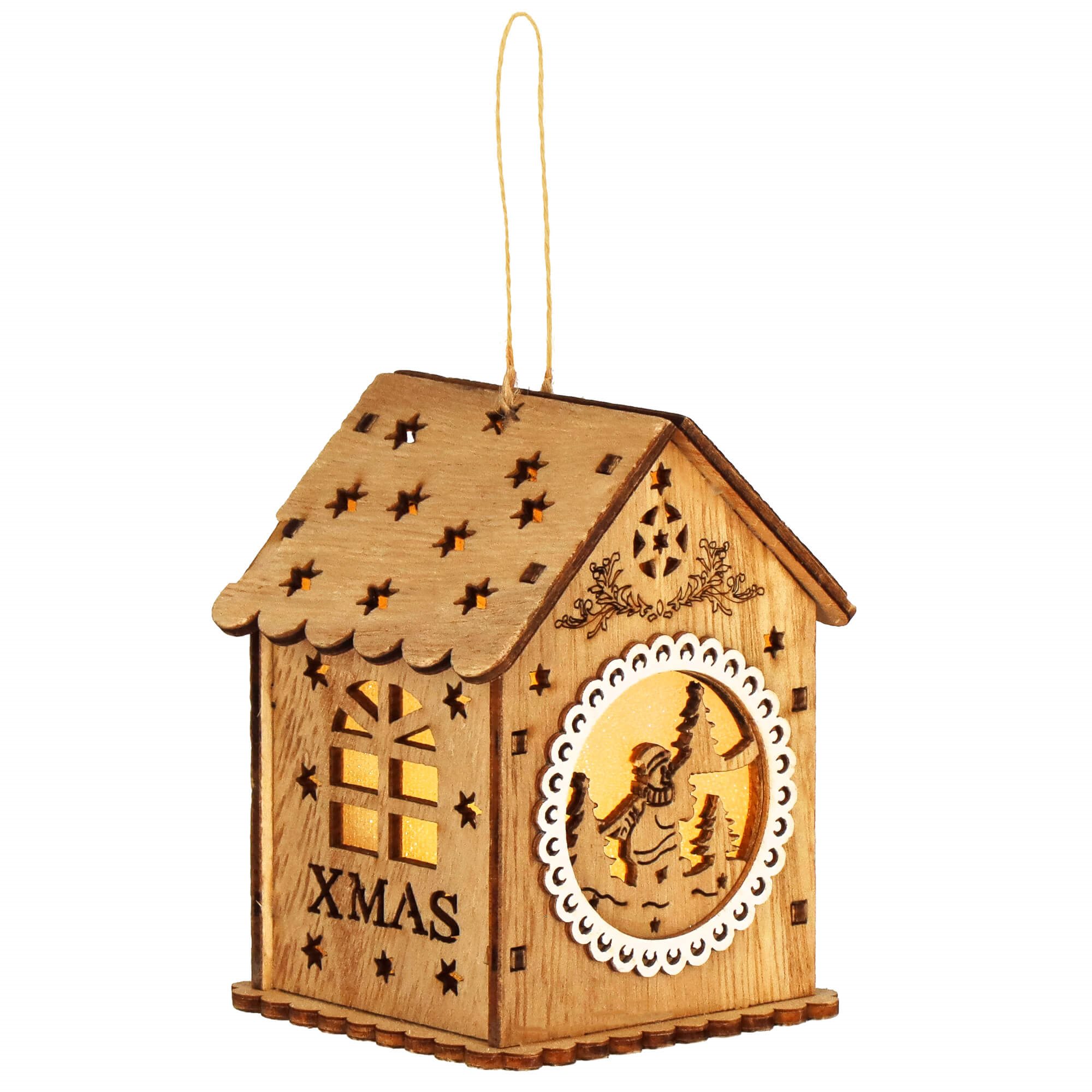 Drevená svietiaca vianočná ozdoba na zavesenie domček 6 × 9 cm S-CA1285
