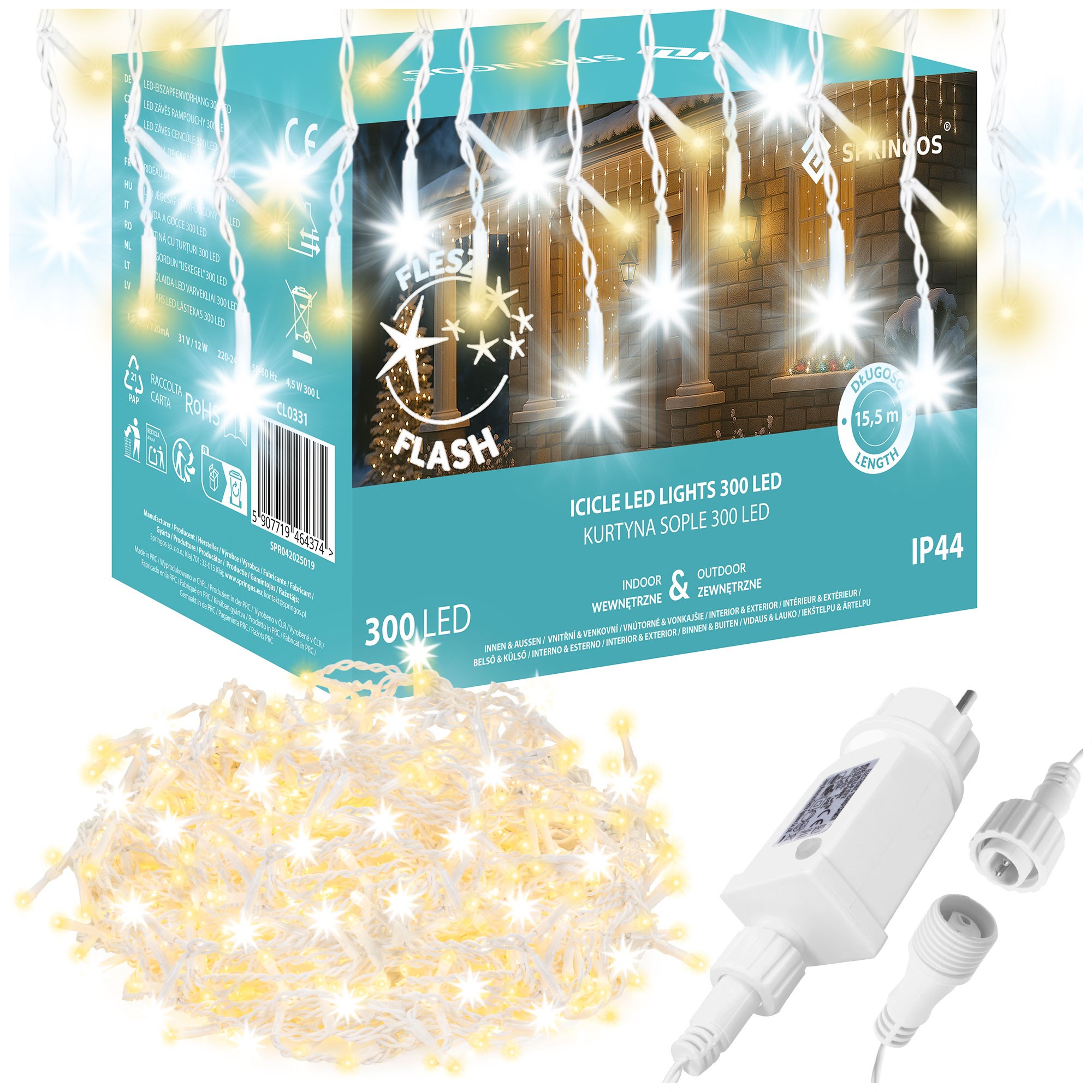 Vianočné LED cencúle 300 LED teplá biela 12 m s časovačom S-CL0331