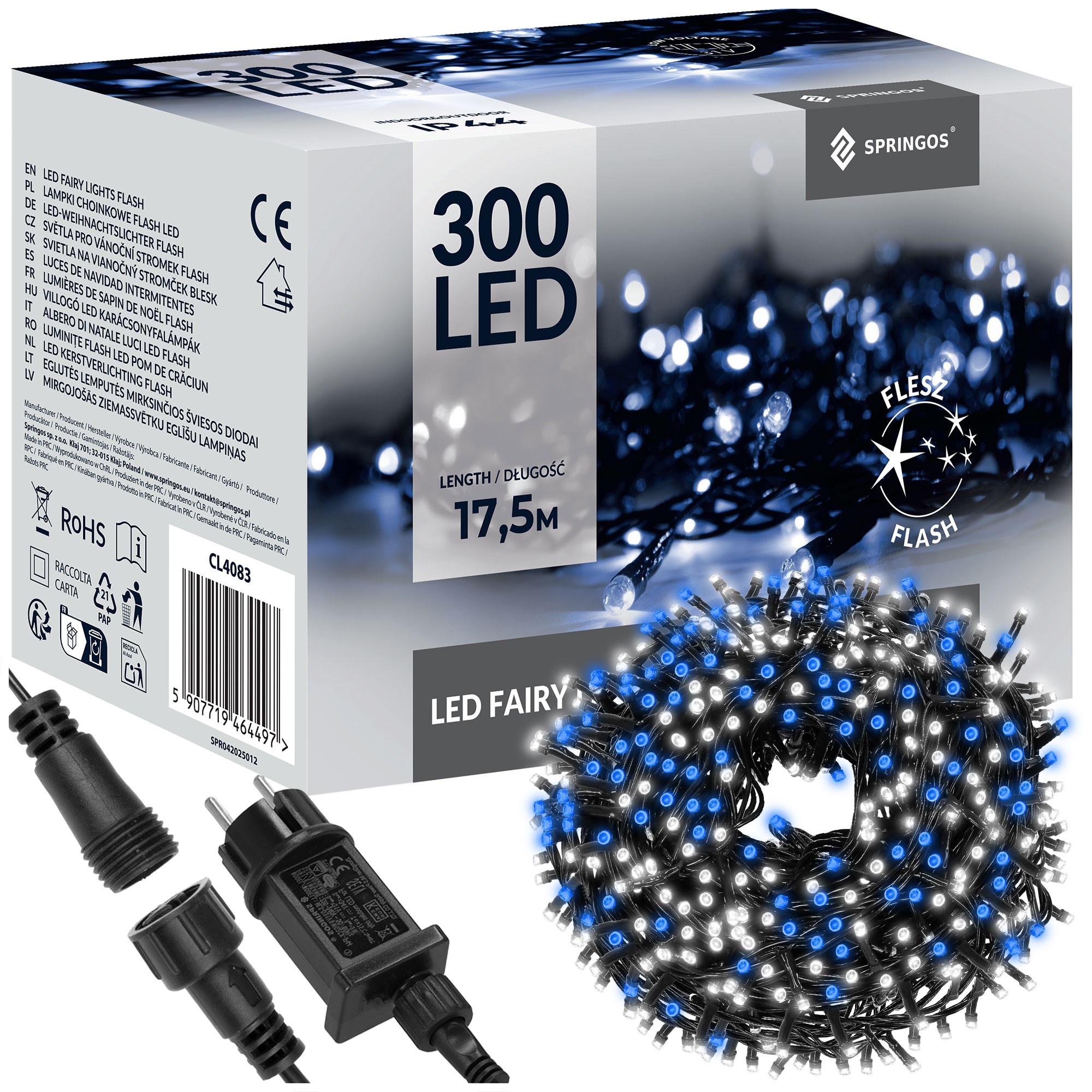 Vianočná LED svetelná reťaz 300 LED modrá + studená biela flash 15 m S-CL4083