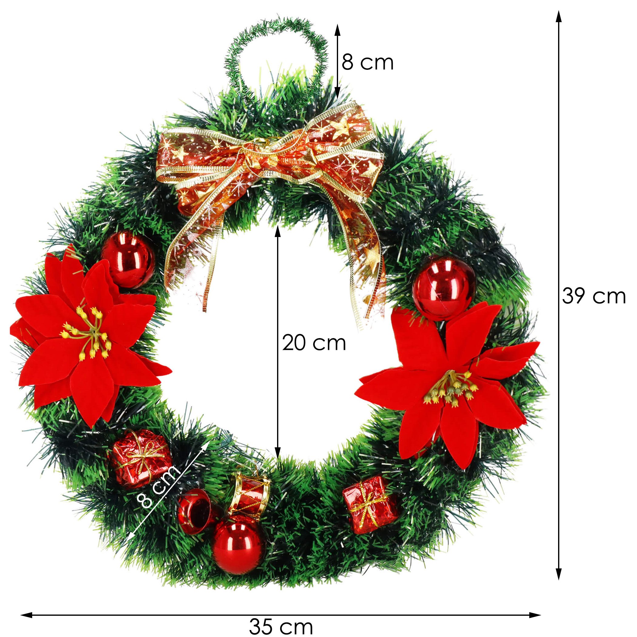 Vianočný veniec na dvere 35 cm s červenými ozdobami a mašľou S-CA1018