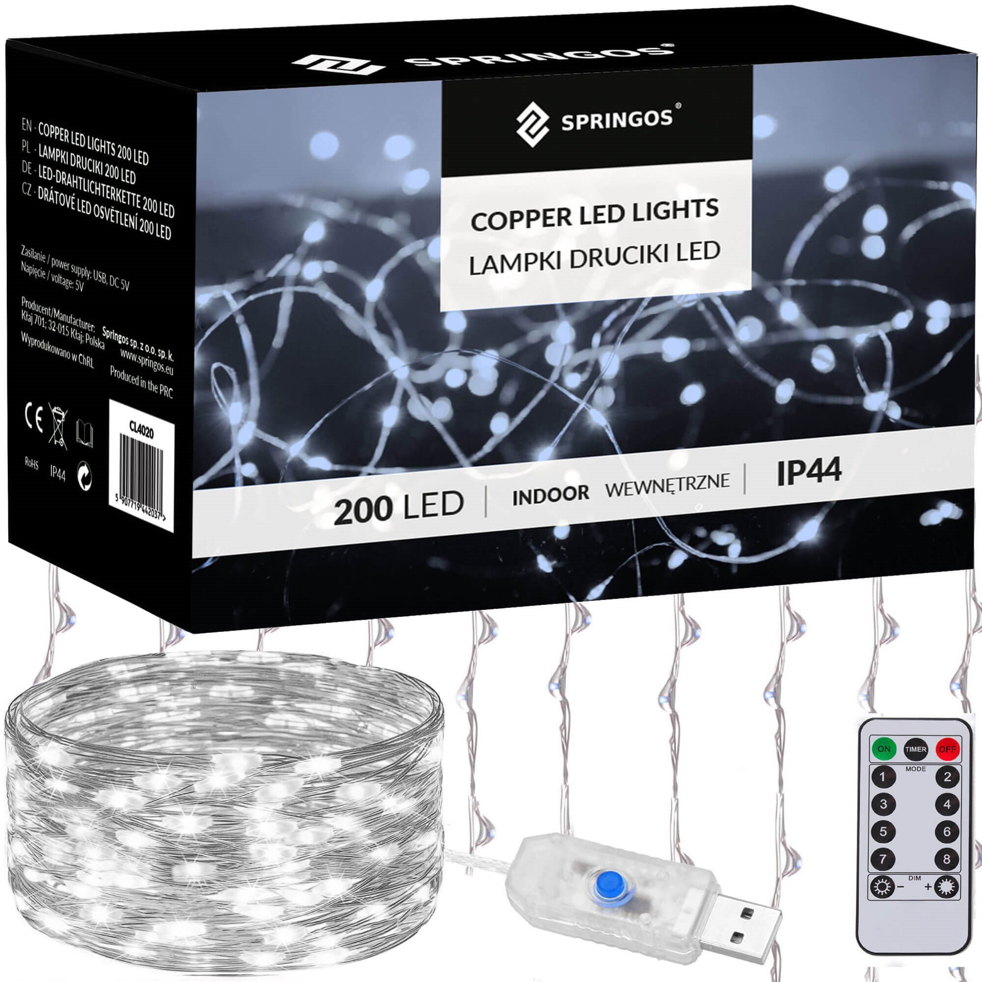 Vianočná LED svetelná záclona 200 LED 2 × 2 m studená biela USB s diaľkovým ovládaním IP44 S-CL4021