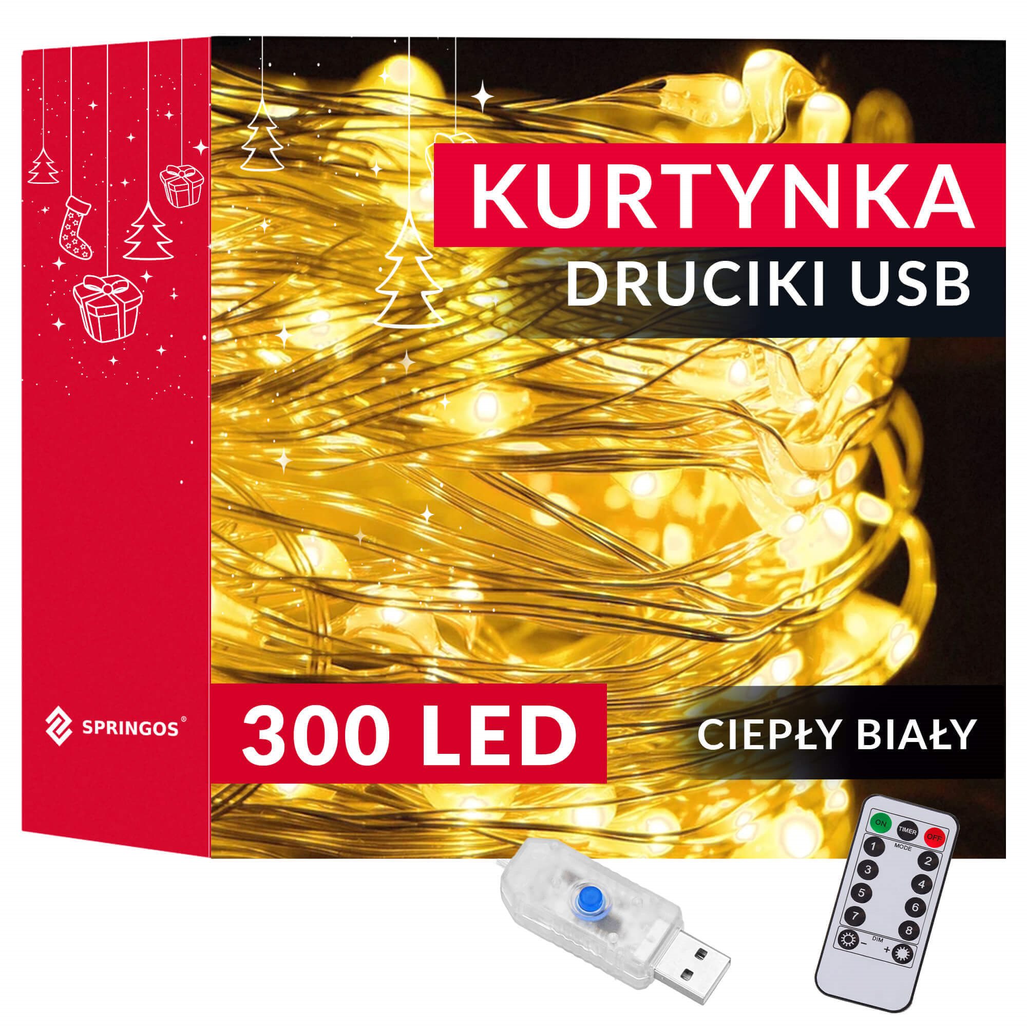 LED svetelná záclona 3 × 3 m 300 LED teplá biela USB s diaľkovým ovládaním S-CL4022