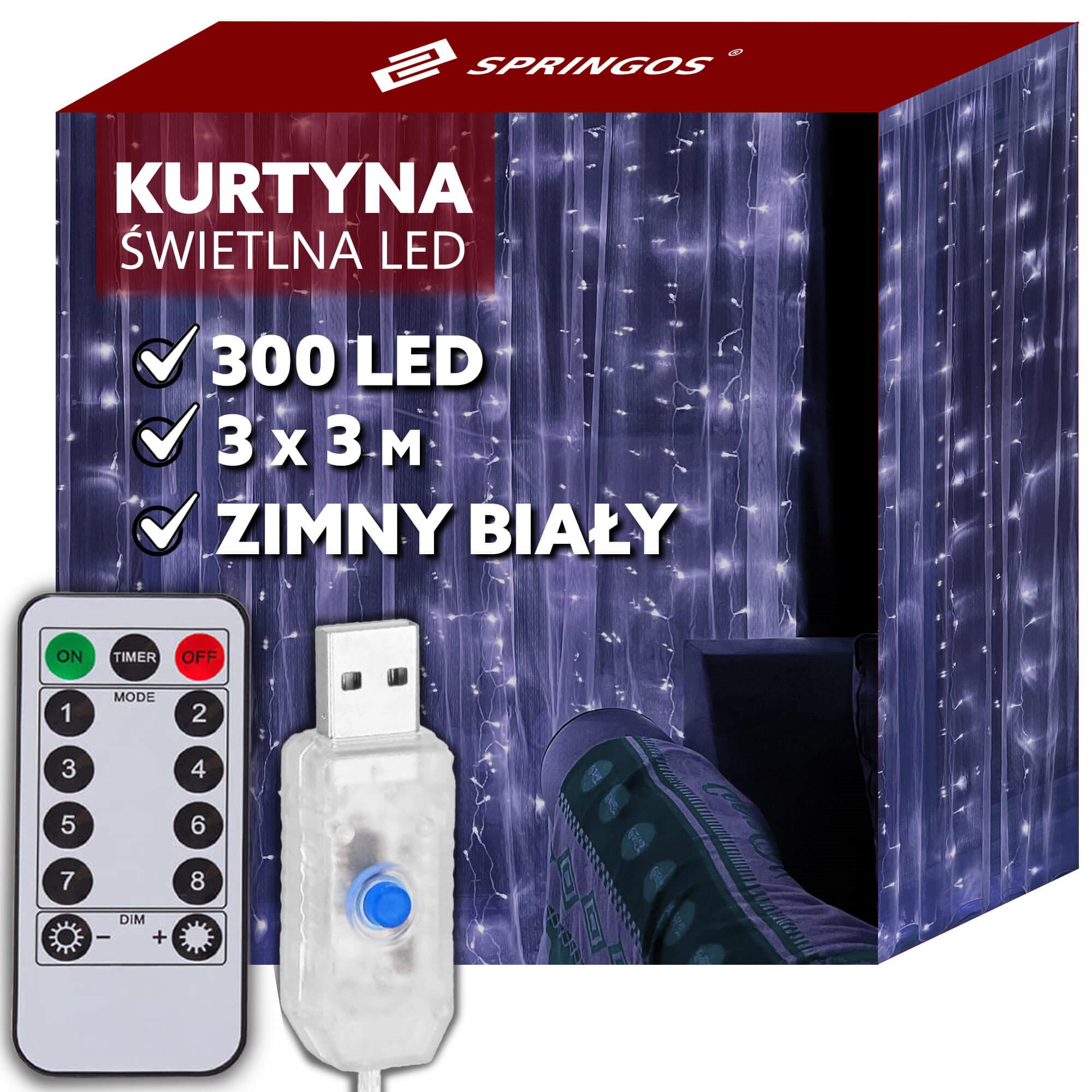 Svetelná LED záclona 3 × 3 m USB, 300 LED, studená biela S-CL4023