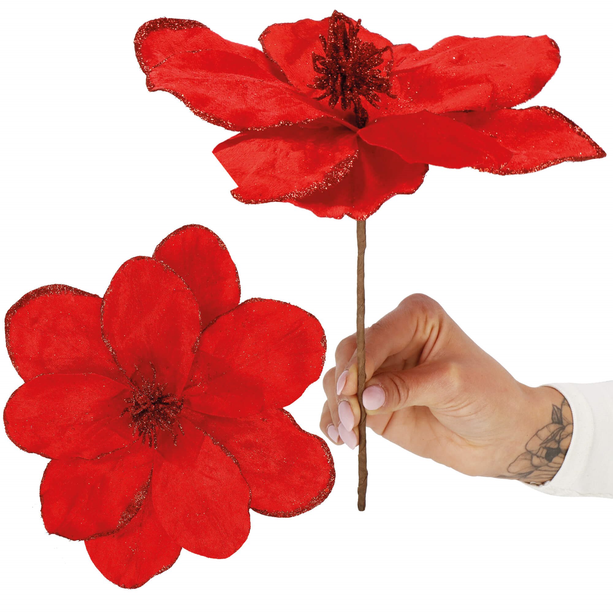Vianočný kvet magnólie červený s trblietkami 24 cm S-CA1230