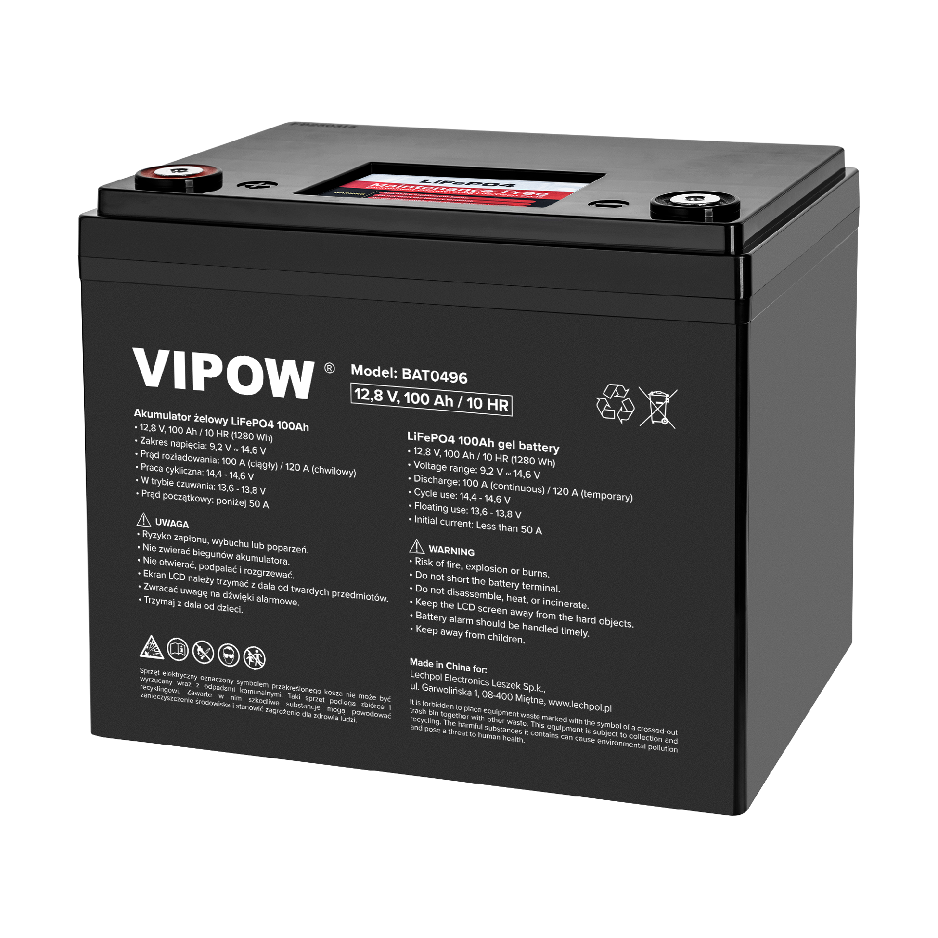 LIFEPO4 akumulátor 12,8 V 100 Ah s BMS Vipow L-BAT0496