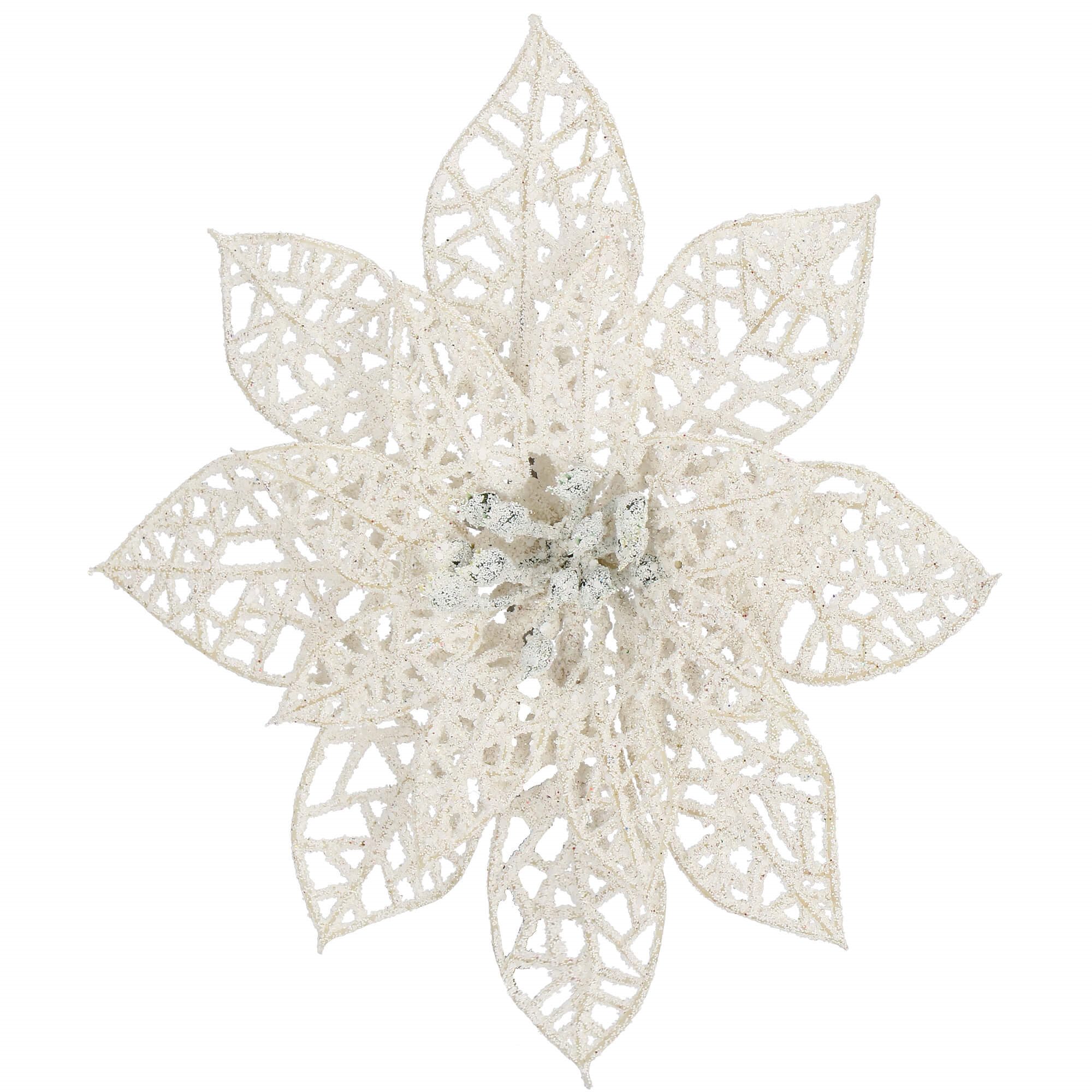 Vianočná ozdoba Poinsettia 15 cm biela s trblietkami S-CA0728
