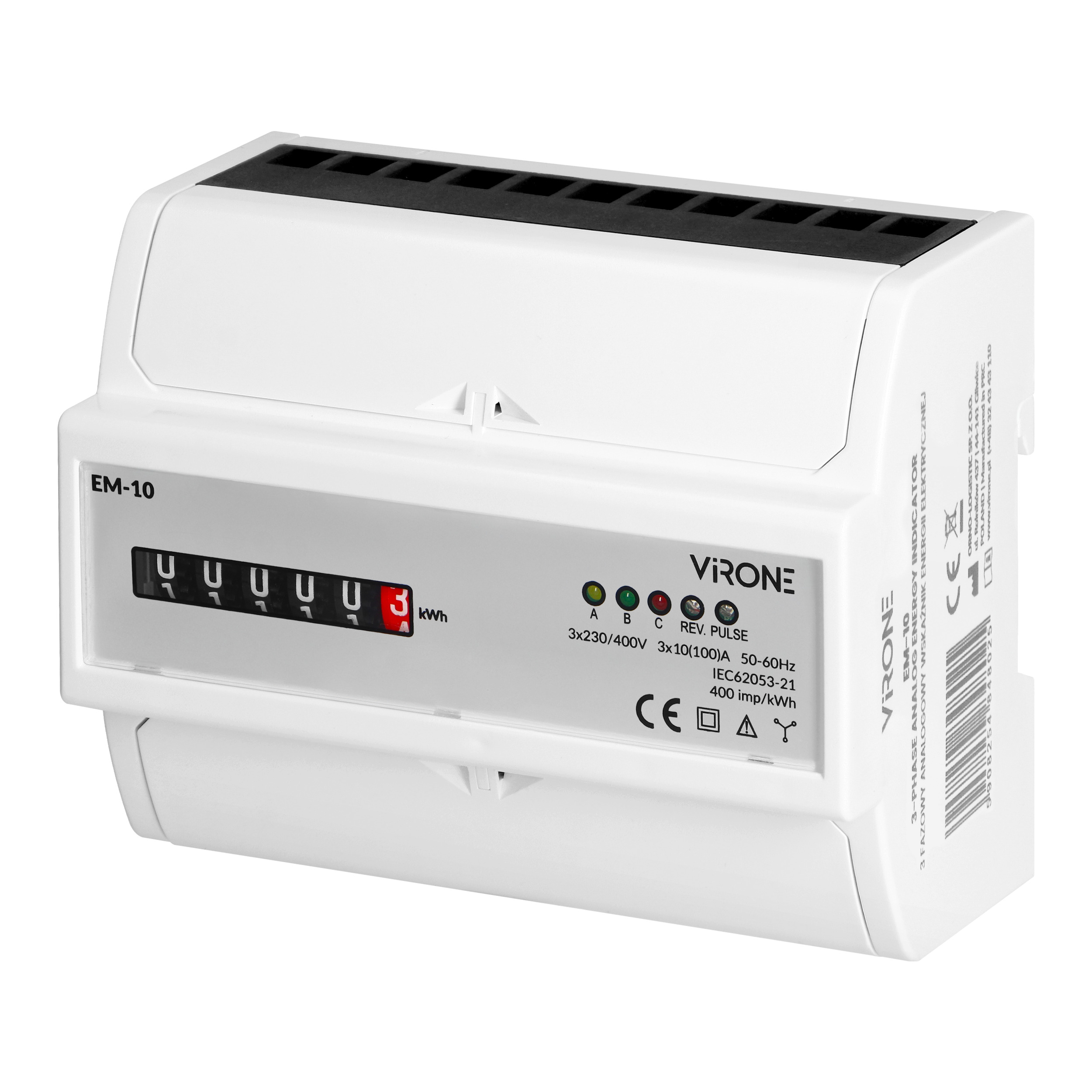 3-fázový analógový ukazovateľ energie, 100A, 7 modulov, DIN TH-35mm