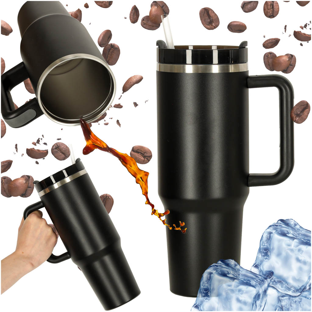 Veľký nerezový termohrnček so slamkou a rukoväťou 1,2 l čierny ik-KX3032