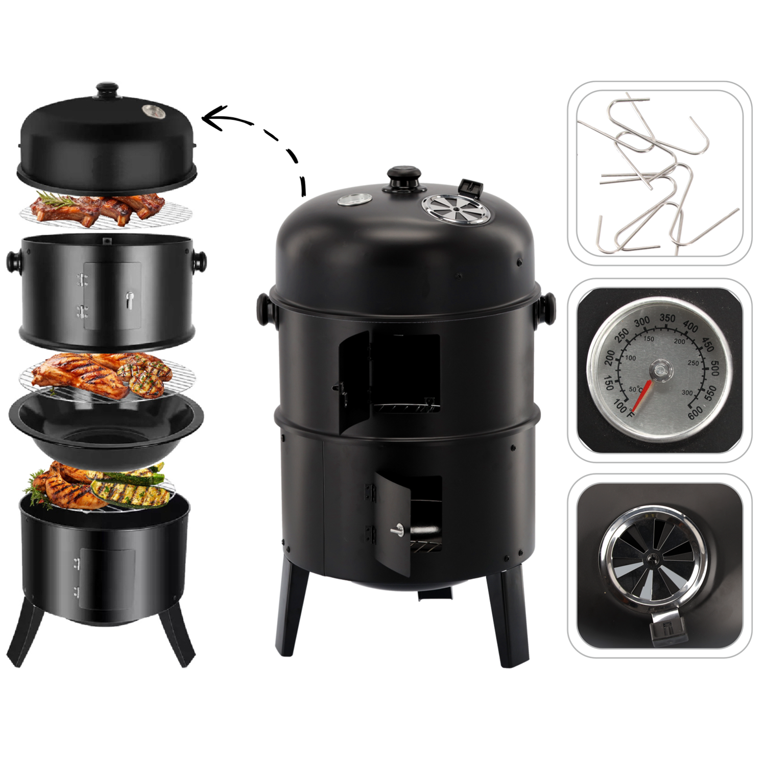 Viacúčelový záhradný gril 3V1 s údiarňou a ohniskom 84 cm CH-BBQ5306