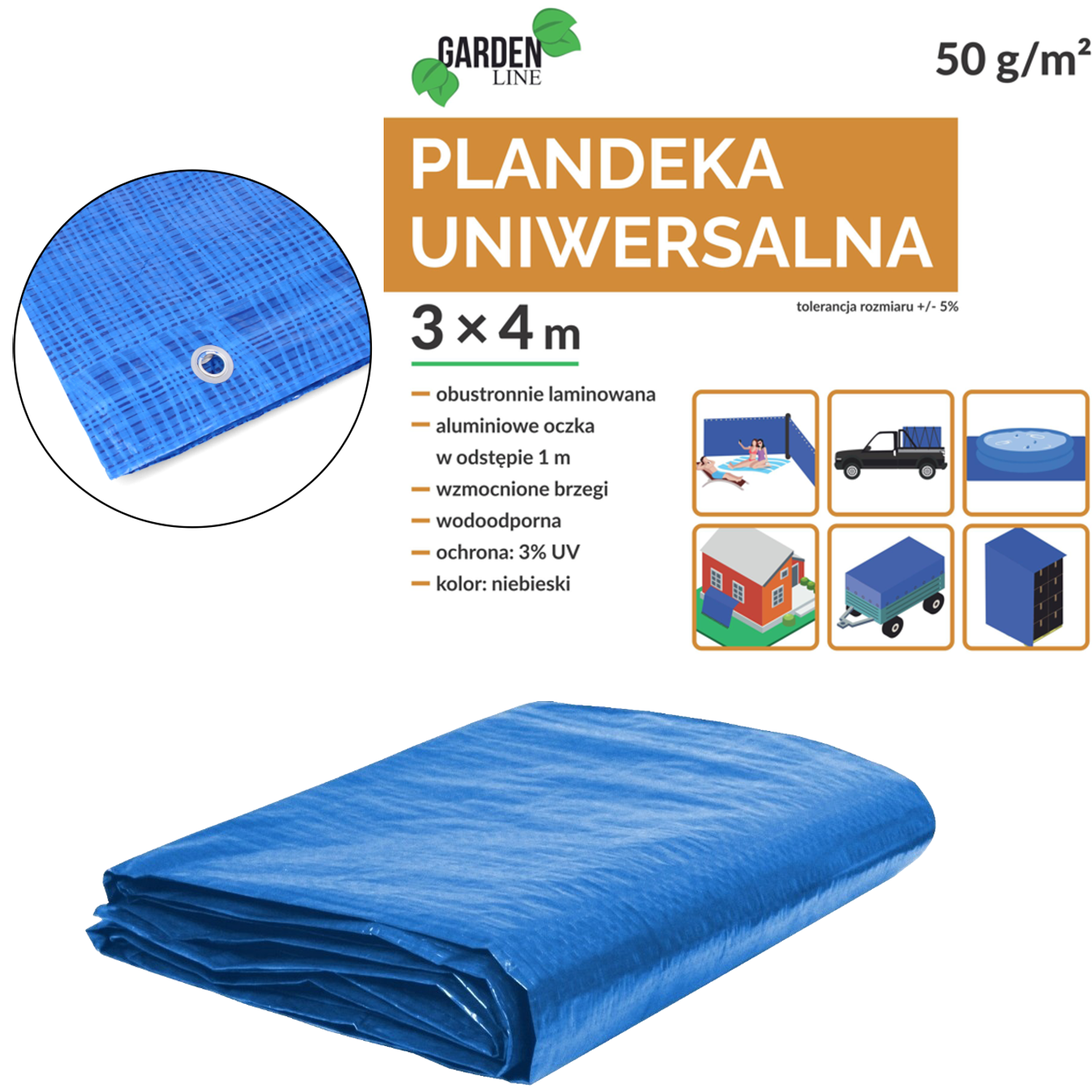 Krycia plachta 3X4 m modrá, PE 50 g/m?, s okami CH-DEK4089