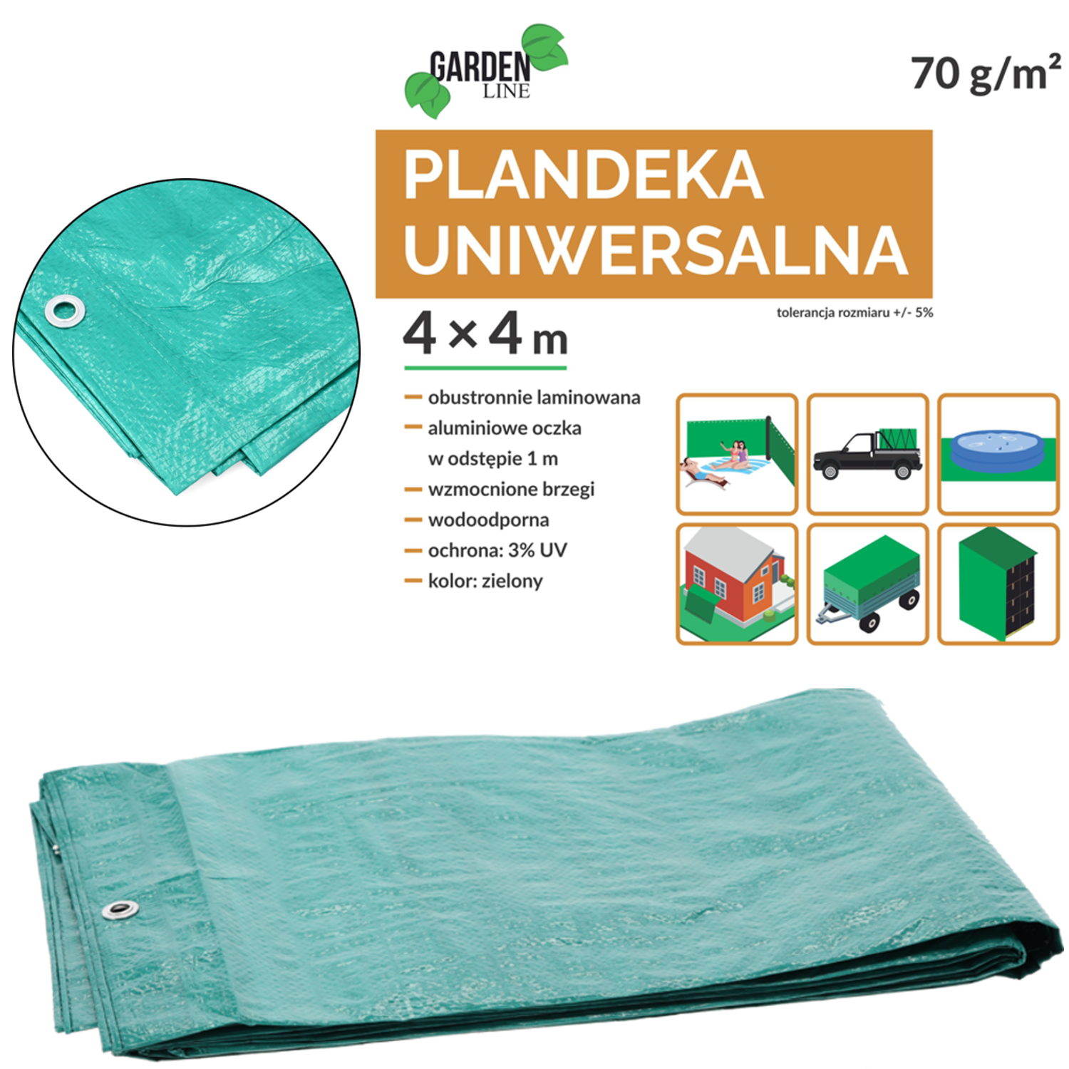 Zelená krycia plachta 4 x 4 m, 70 g/m?, s okami CH-DEK4140