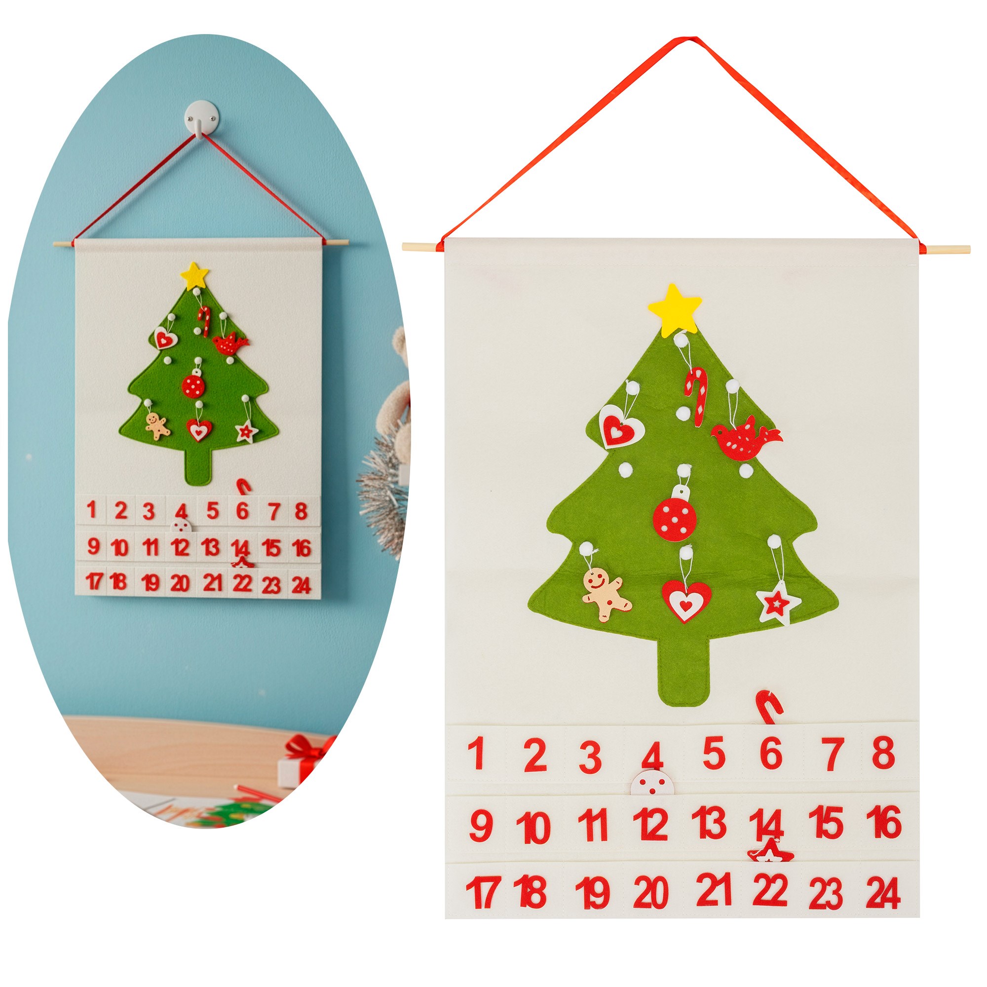 Plstený adventný kalendár na stenu stromček 50 × 70 cm S-CA1472