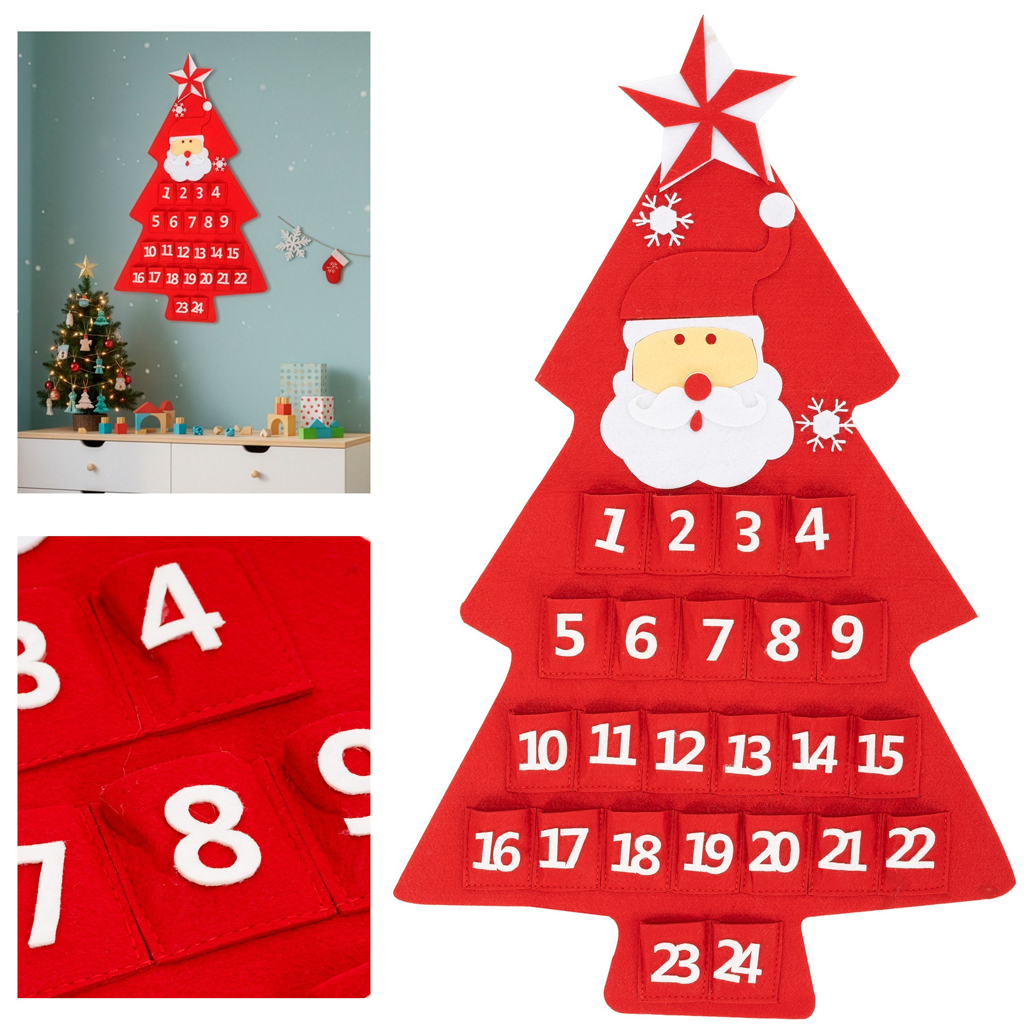 Plstený adventný kalendár stromček 24 okienok na zavesenie 60 cm S-CA1479