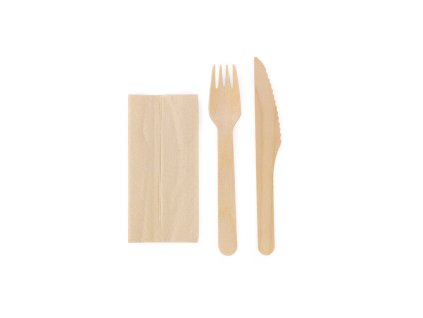 Set dřevěných příborů balený ve folii (vidlička, nůž, ubrousek)