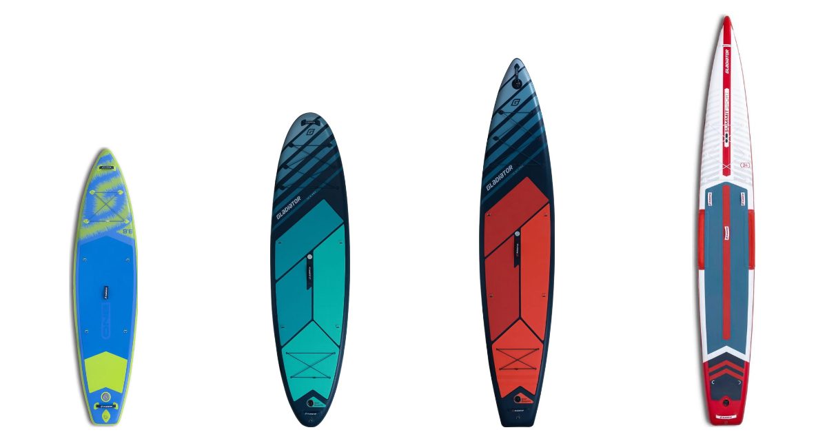 Srovnání tvarů paddleboardů shora: dětský, allround, touring a race