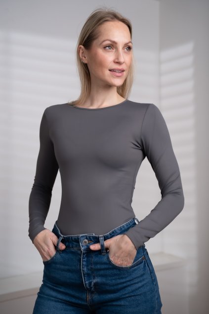 Tričko bez výstřihu, dlouhý rukáv - šedá - antracit