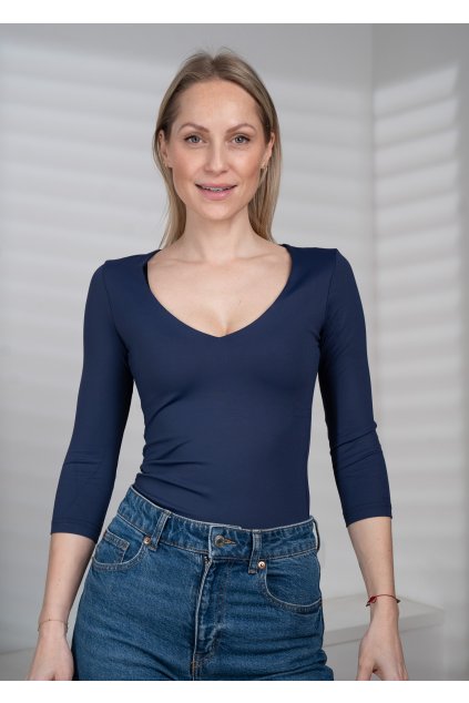 Tričko s hlubokým výstřihem do V, 3/4 rukáv - modrá - námořnická