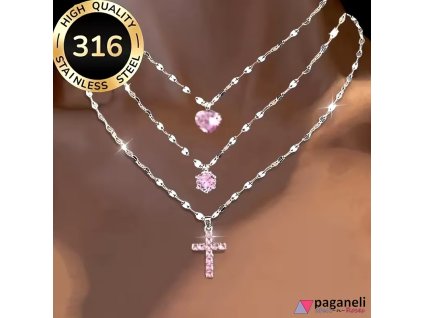 3 dílná elegantní hypoalergenní souprava náhrdelníků z nerezové oceli s přívěsky kříž, srdíčko a sněhová vločka, zdobená kubickými zirkony