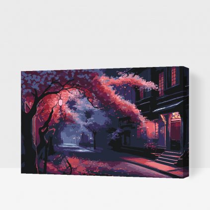 Paint by Number - Cherry tree-lined street in the evening