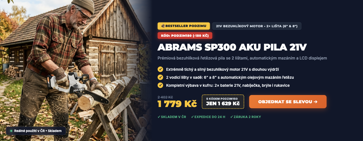 ABRAMS SP300 Aku bezuhlíková řetězová pila se 2 lištami 6" a 8" - Sleva 150 Kč s kódem PODZIM150