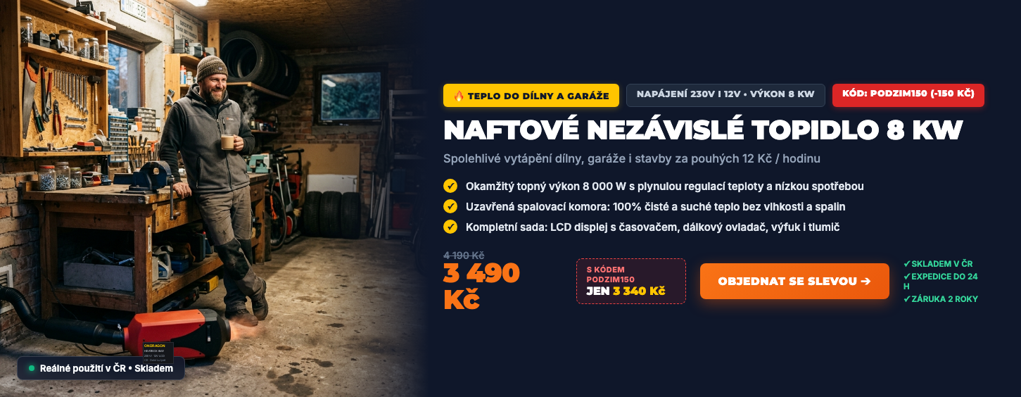 Nezávislé naftové topení ONDRAGON 8 kW All-in-One 230V a 12V do dílny a garáže - Sleva 150 Kč s kódem PODZIM150