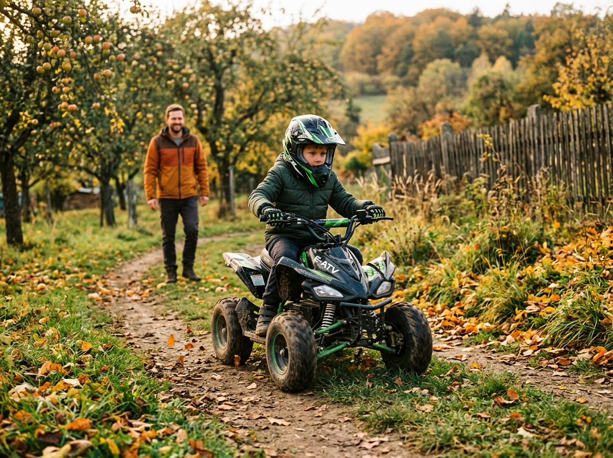 Dětská elektrická čtyřkolka a motorka v reálném outdoorovém terénu