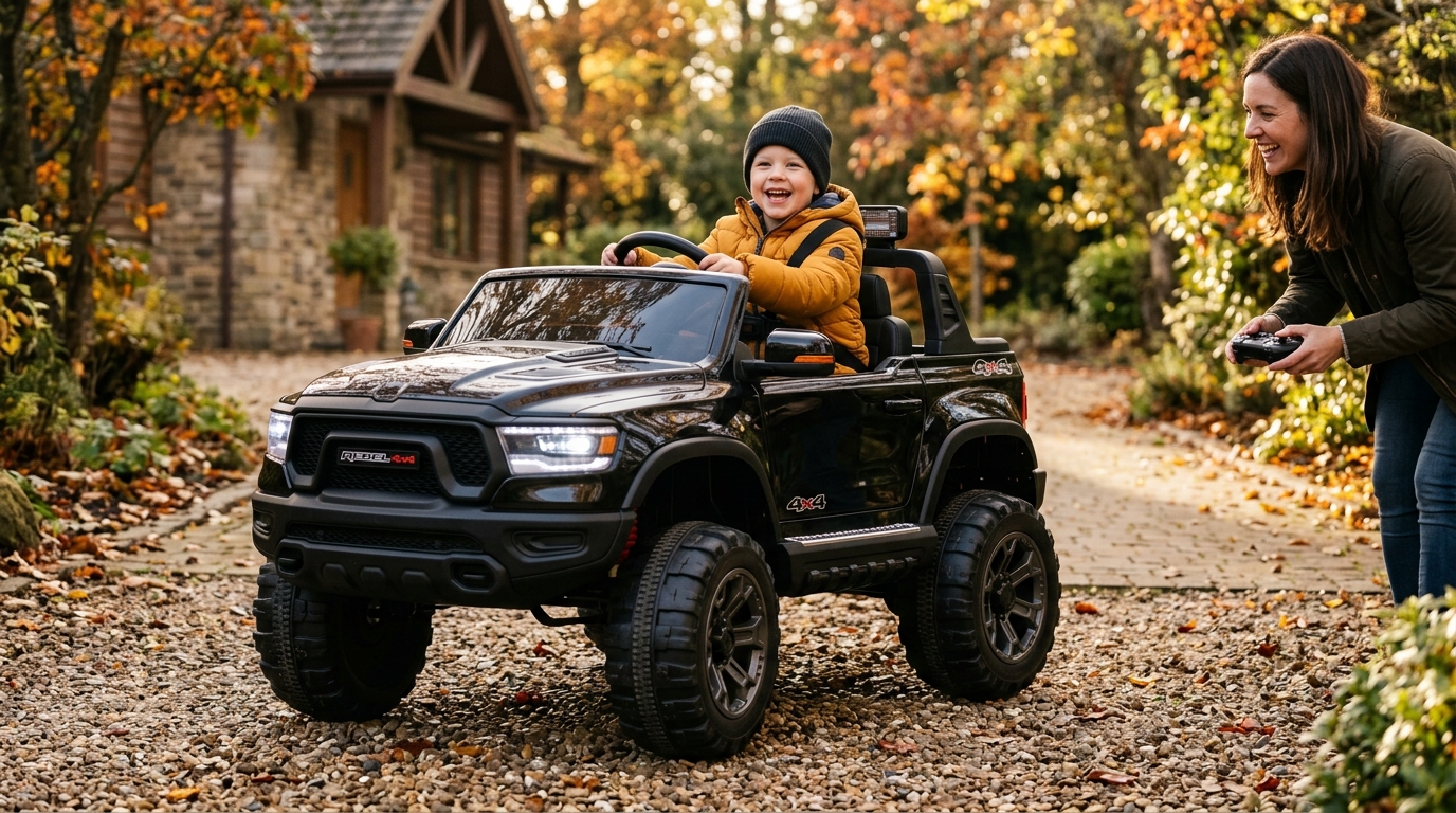 Dětské elektrické terénní auto WXE-1688 4x4 Černé STRONG na příjezdové cestě – dokonalý vánoční dárek
