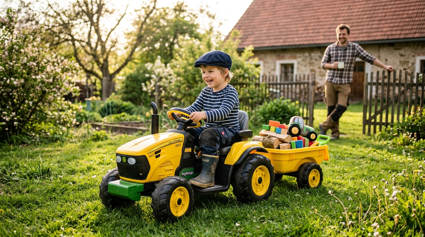 Dětský žlutý elektrický traktor ZP1005 s odpojitelným vlekem na zahradě v reálném českém rodinném prostředí