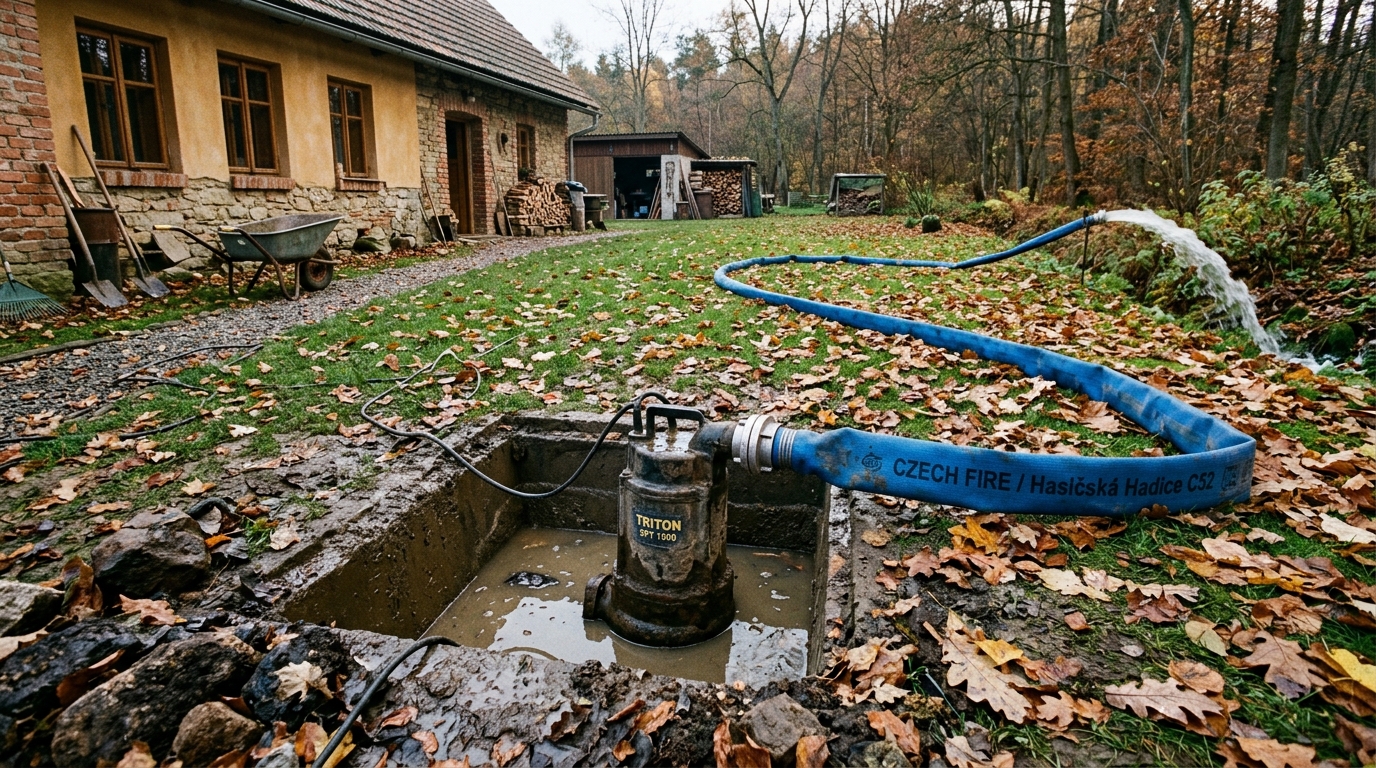 Masivní litinové kalové čerpadlo PajAndy při podzimním čerpání jímky na české zahradě