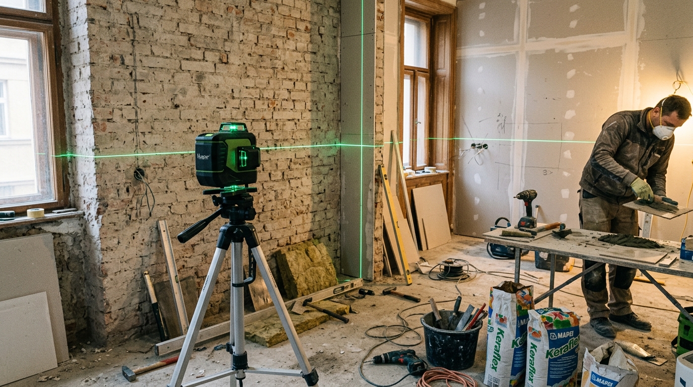 PajAndy stavební křížový laser 4D 16 linií 360° se stativem a dvěma bateriemi při rekonstrukci interiéru