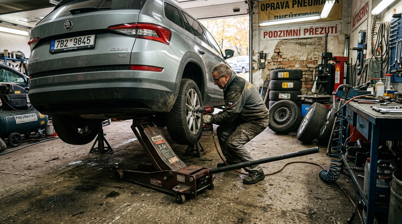 Nízkoprofilový hydraulický dílenský zvedák PajAndy AutoLift při podzimním přezouvání kol na rodinném kombi