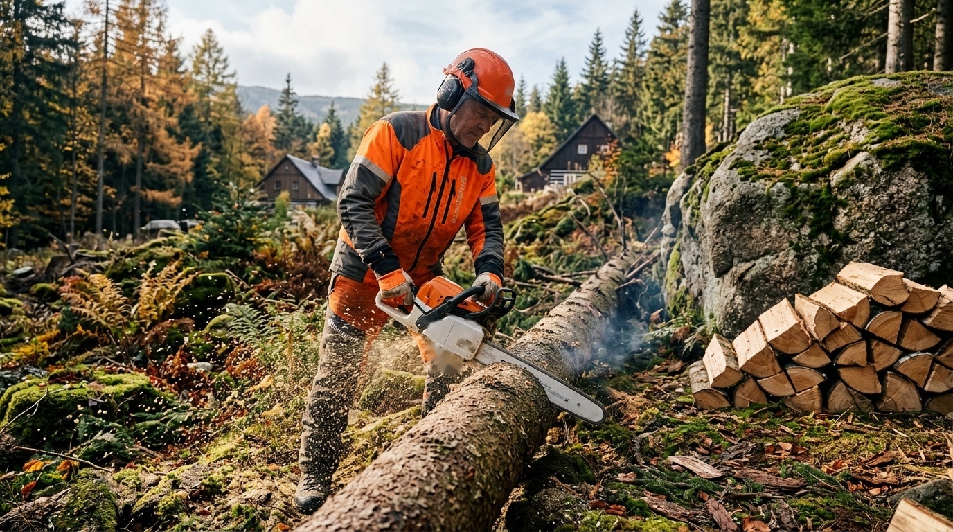 Benzínová motorová pila PajAndy TimberDemon při řezání kmenů – PajAndy.cz